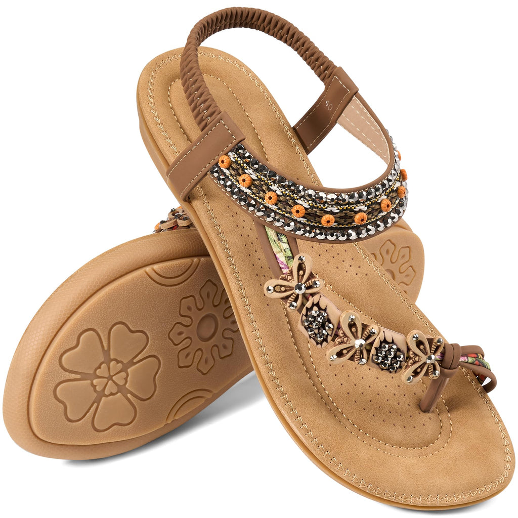 Ablanczoom Flat Sandals for Women Summer: Casual Boho Beaded Toe Ring Dress Shoes - Comfortable Vacation Daily Walking Shoes