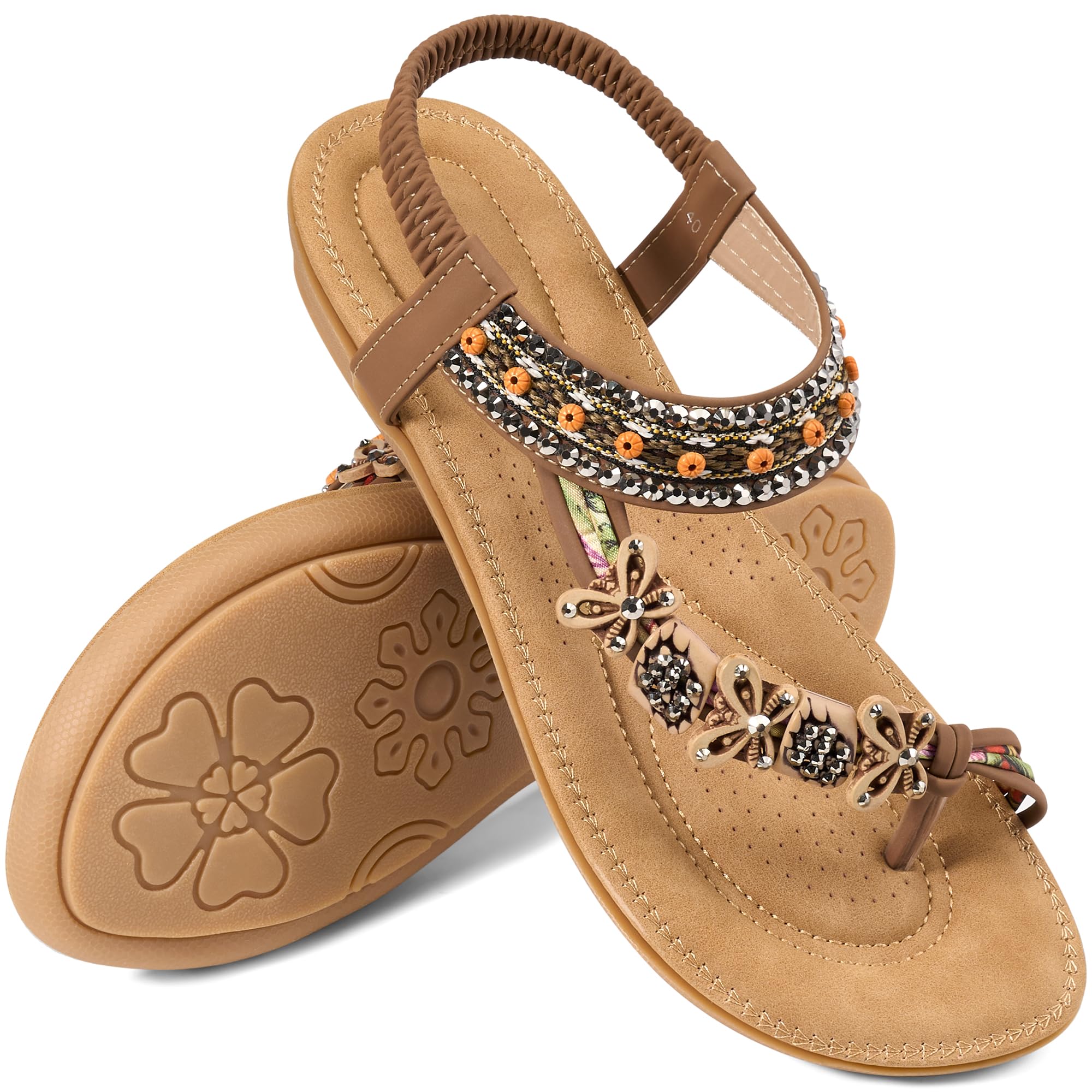Ablanczoom Flat Sandals for Women Summer: Casual Boho Beaded Toe Ring Dress Shoes - Comfortable Vacation Daily Walking Shoes
