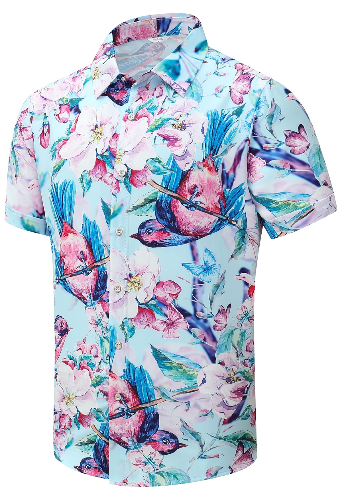 SheLucki Hawaiian Shirt for Men, Unisex Summer Beach Casual Short Sleeve Button Down Shirts, Printed Palmshadow Clothing