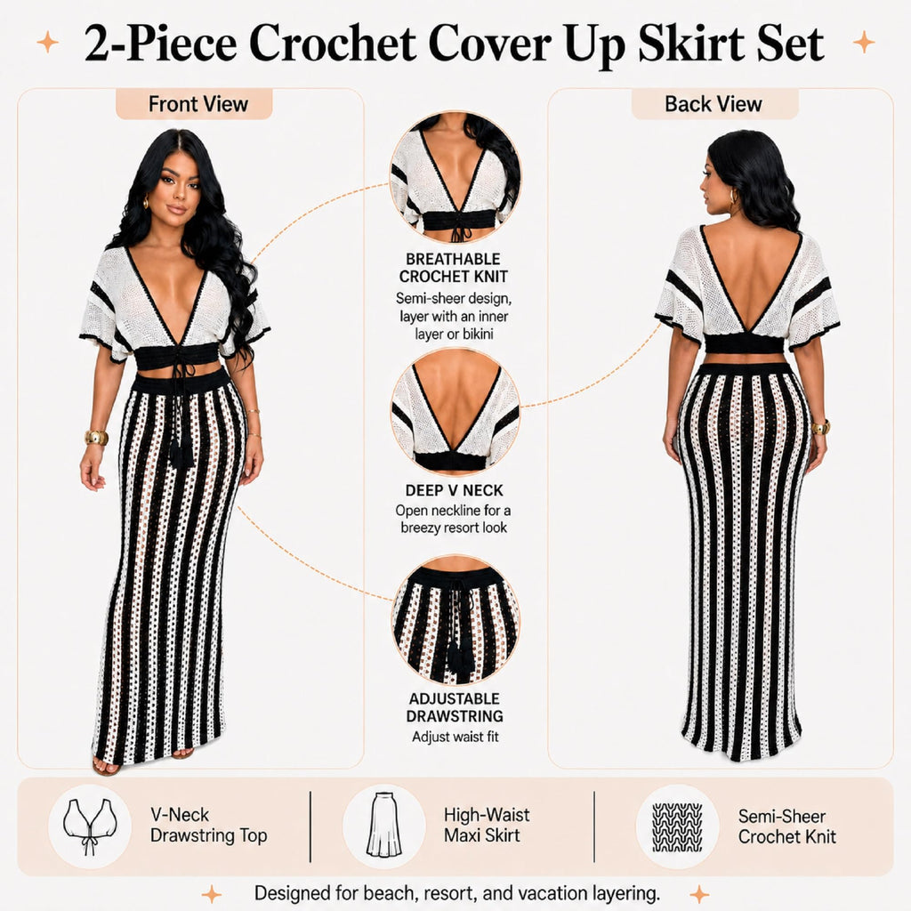 KANSOON Crochet Skirt Set for Women Two Piece Crochet Cover Up | Semi-sheer hollow-out resort layer, tie-front crop top, flattering striped maxi skirt for beach vacation, cruise,poolside