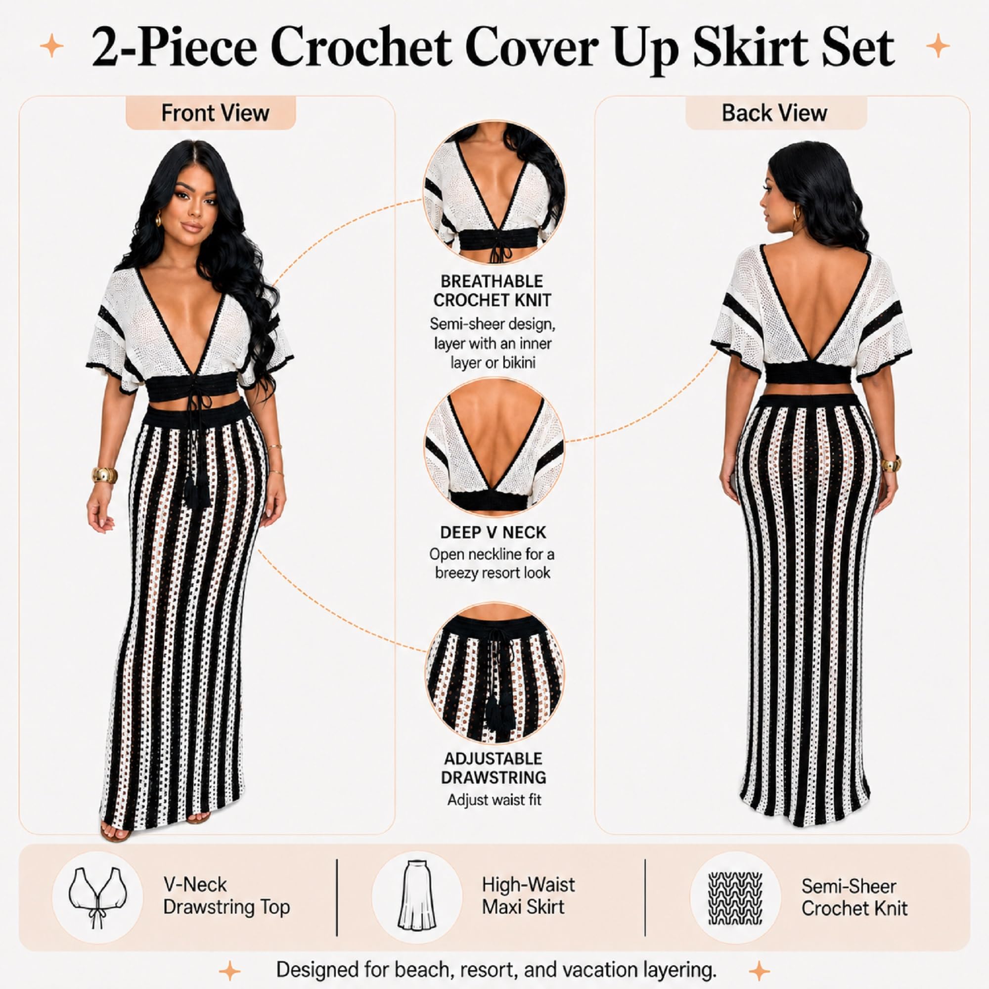 KANSOON Crochet Skirt Set for Women Two Piece Crochet Cover Up | Semi-sheer hollow-out resort layer, tie-front crop top, flattering striped maxi skirt for beach vacation, cruise,poolside