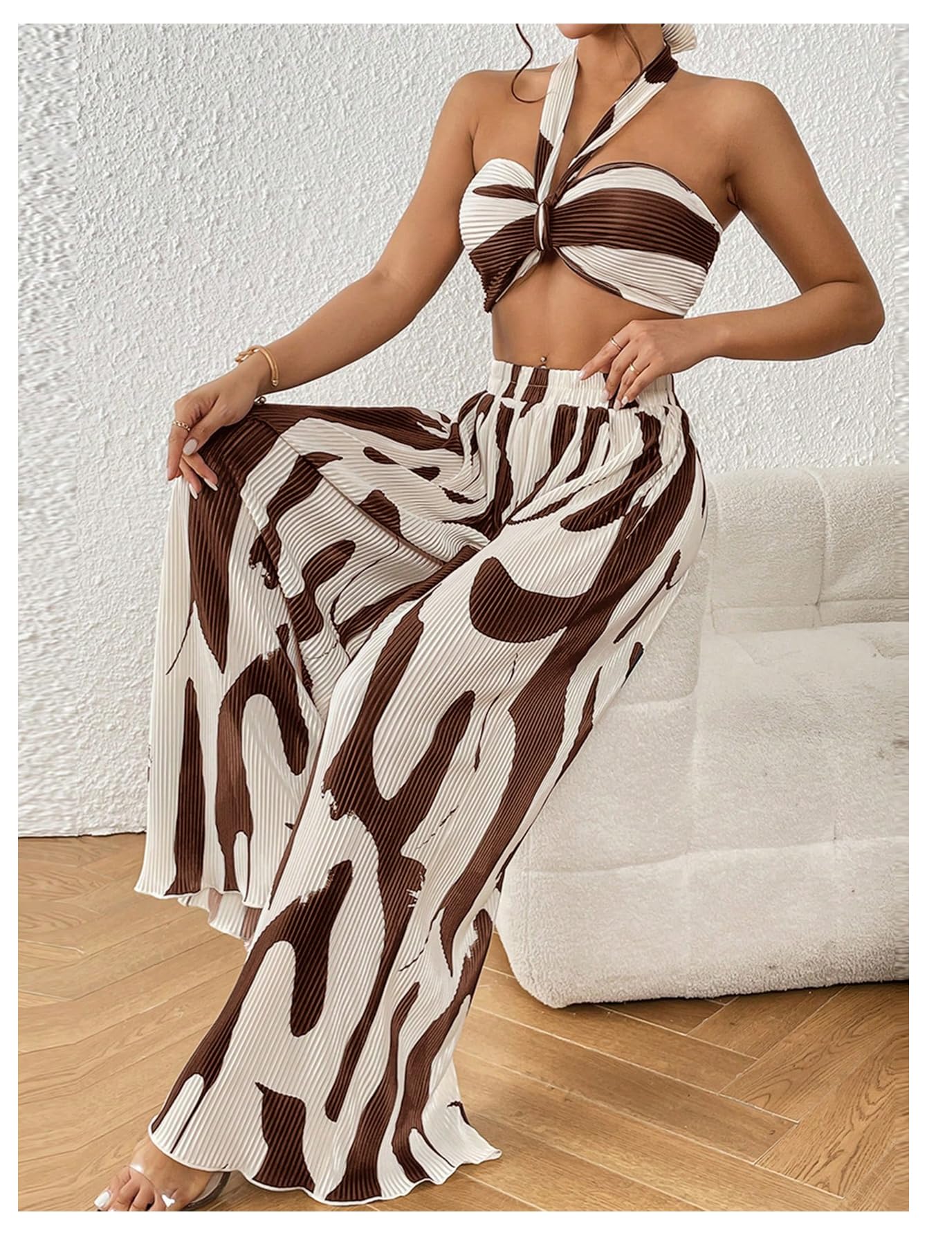 OYOANGLE Women's 2 Piece Graphic Halter Top Wide Leg Pants Vacation Outfits | Knitted, Sleeveless, Crop, High Waist, Beach Club, Summer Sets, Sexy Resort Wear