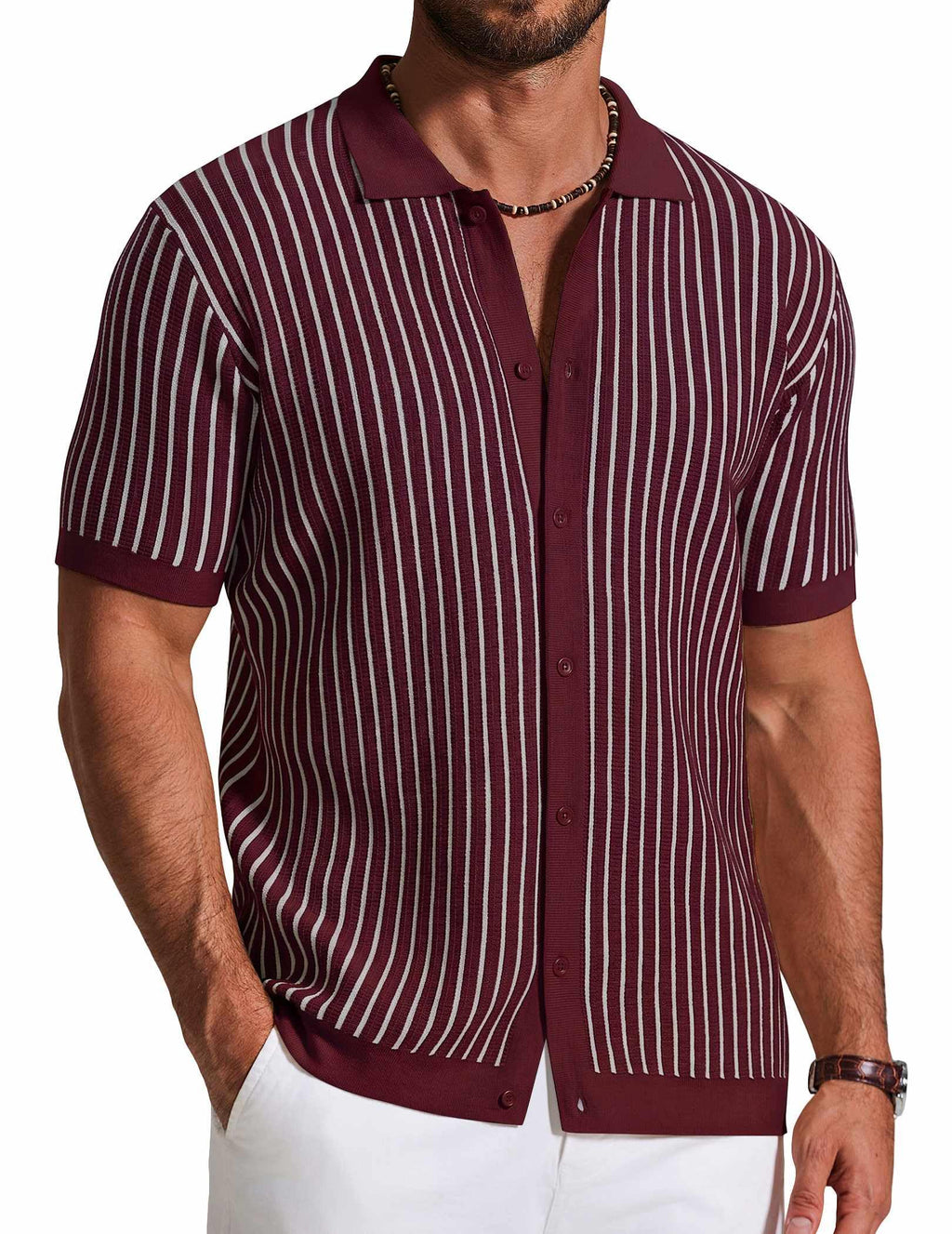 COOFANDY Mens Knit Button Down Shirts Short Sleeve Polo Shirt Vintage Striped Casual Shirts