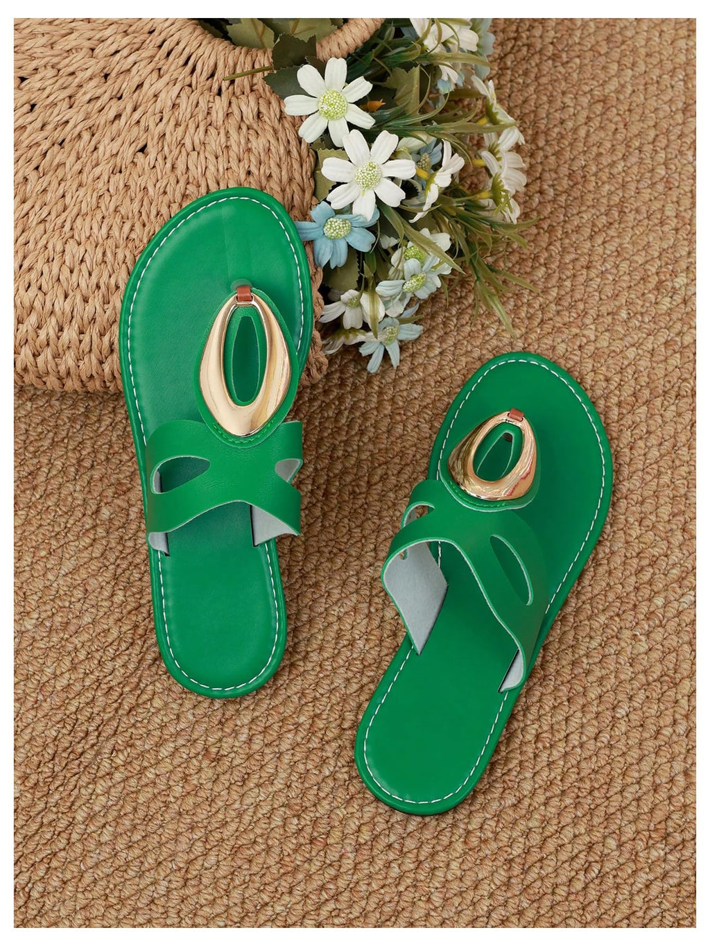 OYOANGLE Women's Metal Open Toe Leather Thong Dressy Sandals Flip Flops | PU Leather Lining, Beach Outings Tropical Vacation Summer Daily Occasions
