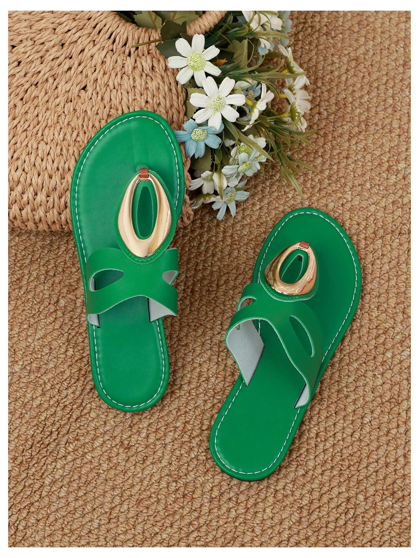 OYOANGLE Women's Metal Open Toe Leather Thong Dressy Sandals Flip Flops | PU Leather Lining, Beach Outings Tropical Vacation Summer Daily Occasions
