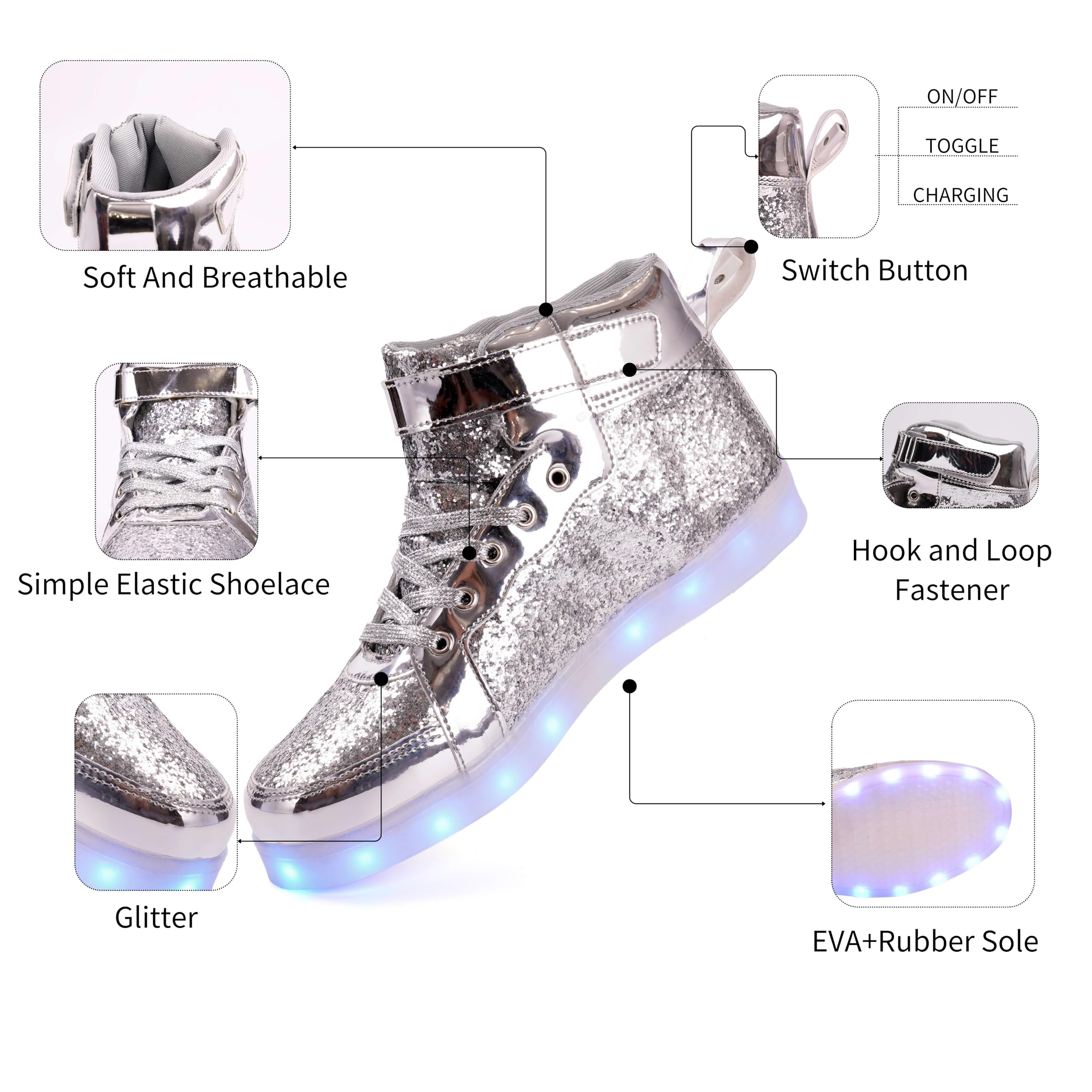 Glitter Led Shoes Light Up Shoes High Top Sneakers for Women Men Flashing Dancing Shoes for Halloween Christmas Party with USB Charging