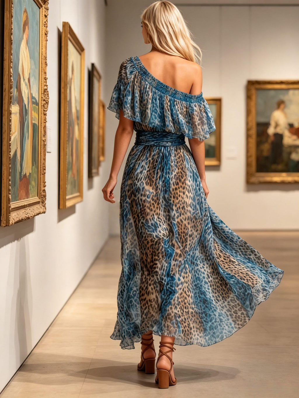 Women's Leopard Print Off the Shoulder Maxi Dress Short Sleeve Ruffle A Line Resort Maxi Dress Vacation Beach Party