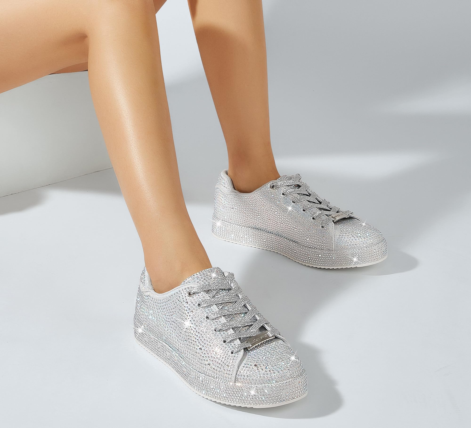 LUCKY STEP Women's Platform Rhinestone Sneakers | Sparkly Fashion Glitter Material|Sparkle Bling Bedazzled|Wedding Bridal Shiny Shoes