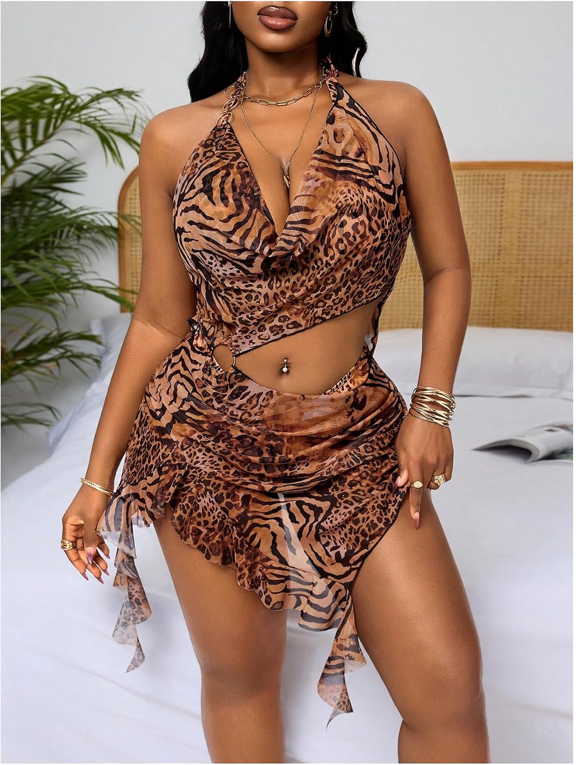 SHENHE Women's Plus Size 3 Piece Swimsuits Triangle High Cut Bikini Set with Cover Up Ruffle Dress