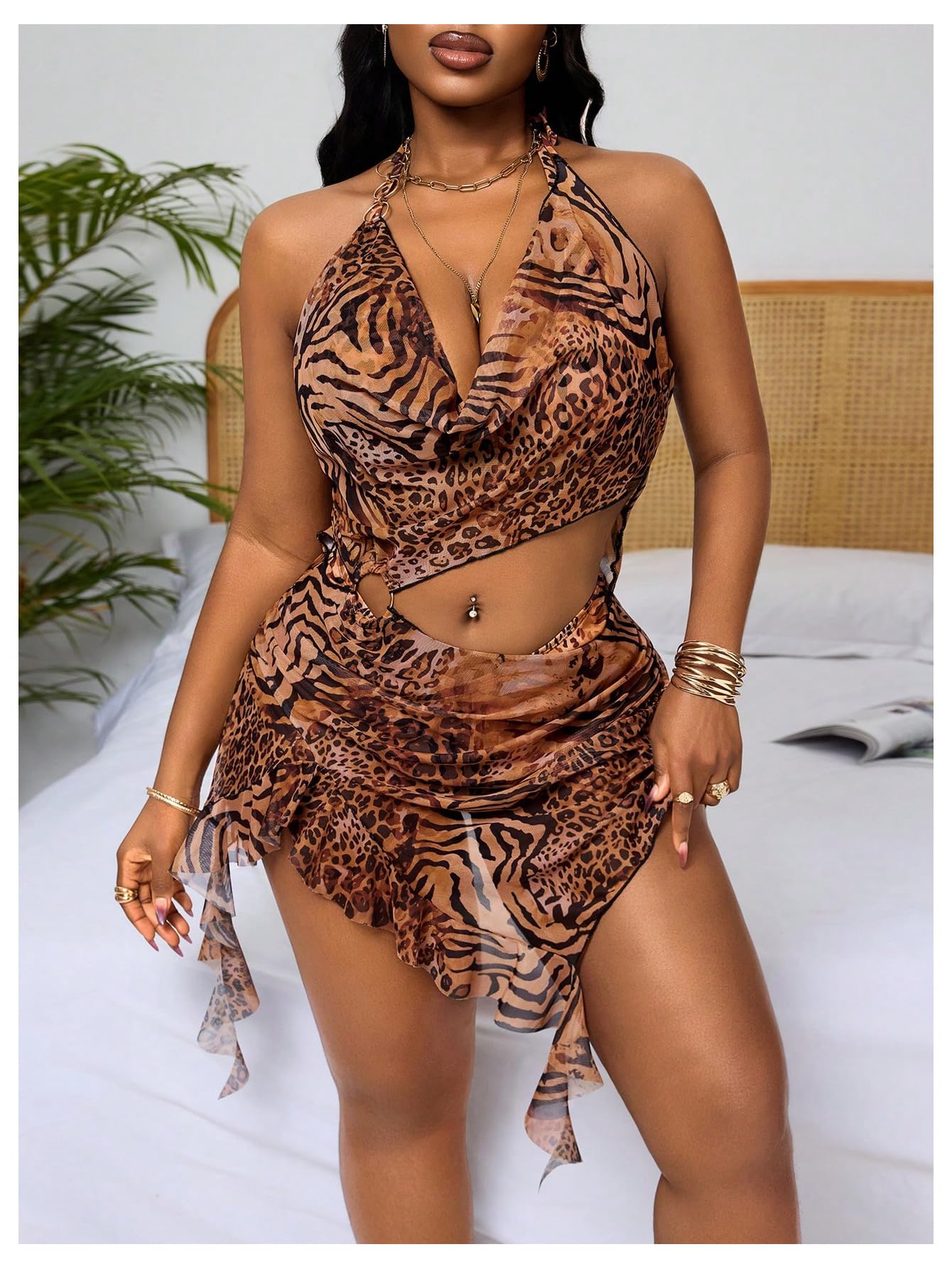 SHENHE Women's Plus Size 3 Piece Swimsuits Triangle High Cut Bikini Set with Cover Up Ruffle Dress