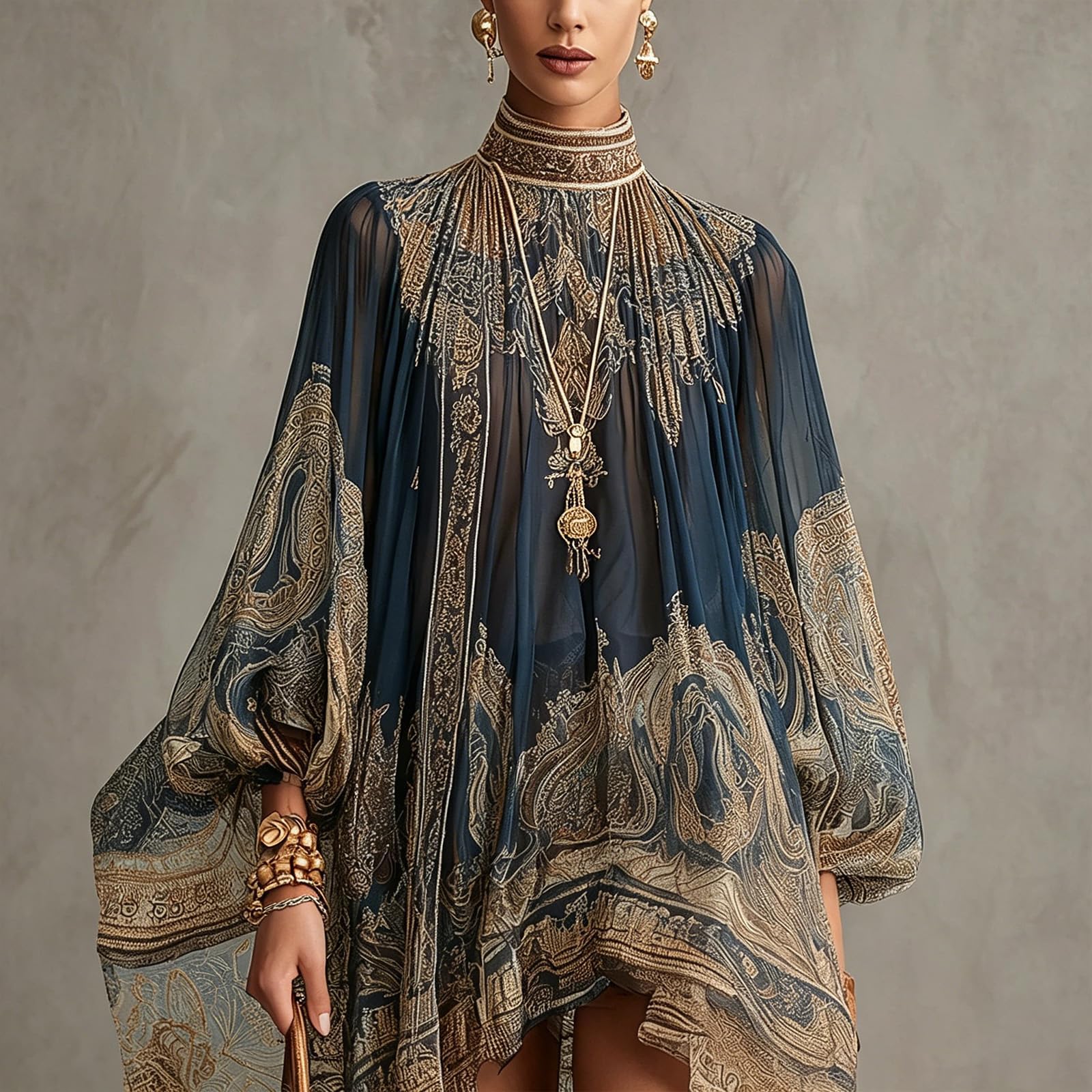 Women's Vintage Boho Chiffon Dress Navy Blue Baroque Print High Neck Irregular Lantern Sleeve Dress Casual Party Vacation