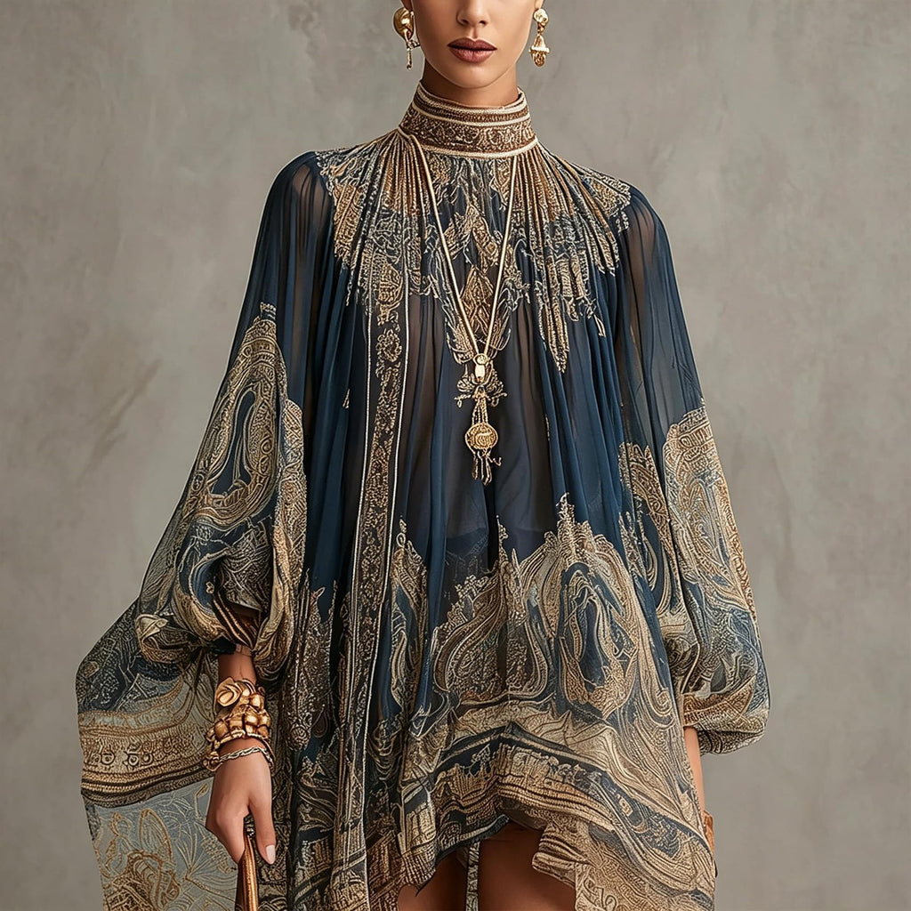 Women's Vintage Boho Chiffon Dress Navy Blue Baroque Print High Neck Irregular Lantern Sleeve Dress Casual Party Vacation