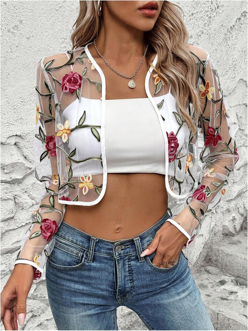 OYOANGLE Women's Floral Embroidered Sheer Bolero Open Front Crop Jackets | Long Sleeve Mesh Summer Cardigan Tops, Wedding Guest, Shrugs for Dresses, Boho Holiday Cover Up