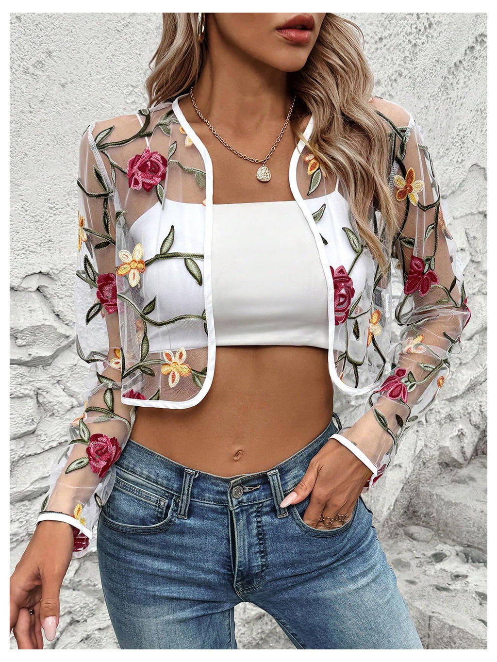 OYOANGLE Women's Floral Embroidered Sheer Bolero Open Front Crop Jackets | Long Sleeve Mesh Summer Cardigan Tops, Wedding Guest, Shrugs for Dresses, Boho Holiday Cover Up