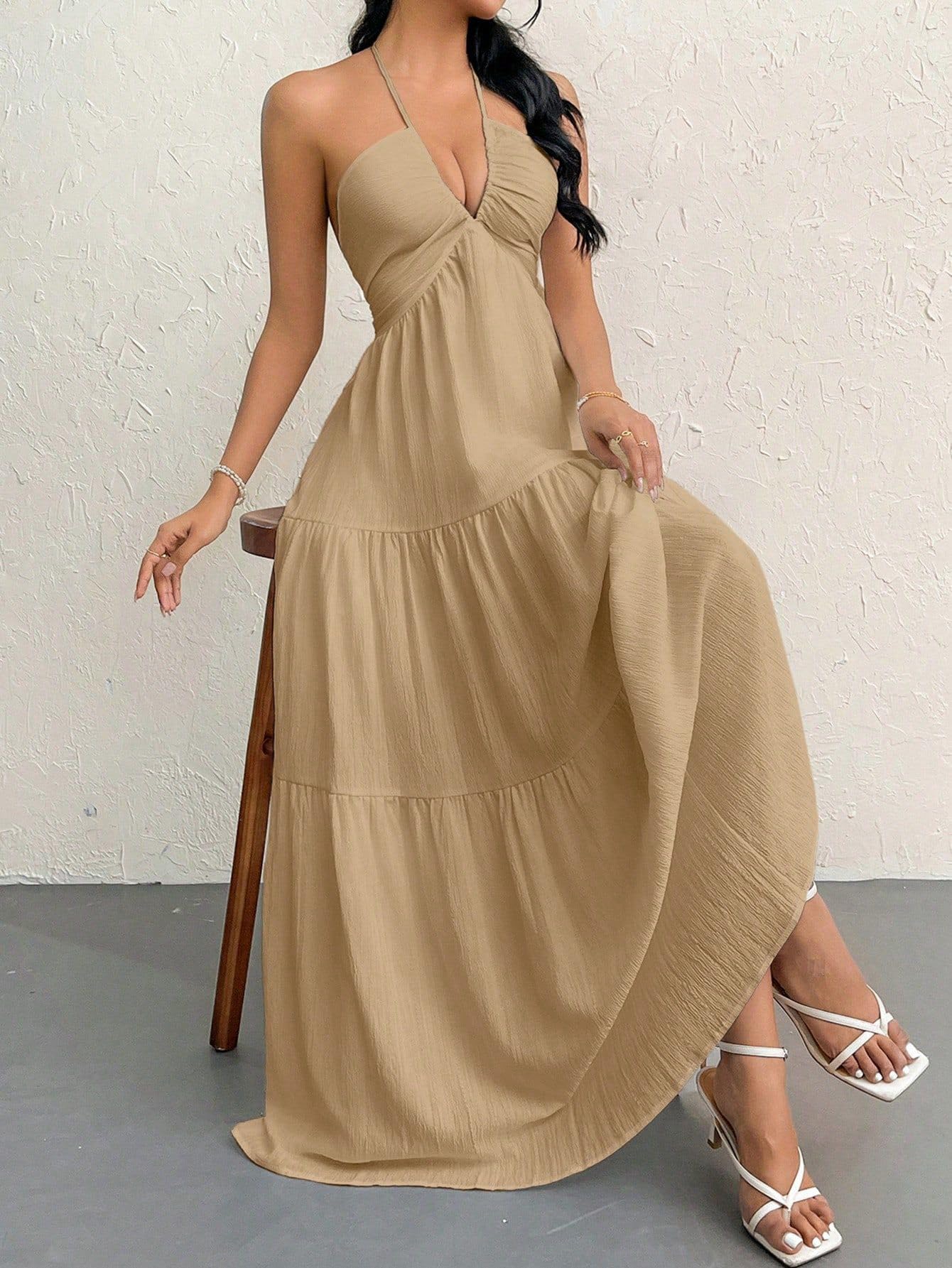 Narecte Women's Maxi Summer Dresses Halter V Neck Beach Dresses for Women A-Line Casual Dress for Vacation