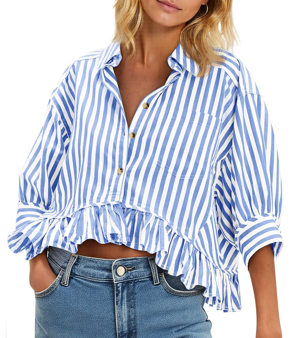 Cicy Bell Womens Cropped Striped Button Down Shirts Ruffle 3/4 Length Tops | Dressy Casual Blouses,Summer V Neck Tops,Vacation Outfits