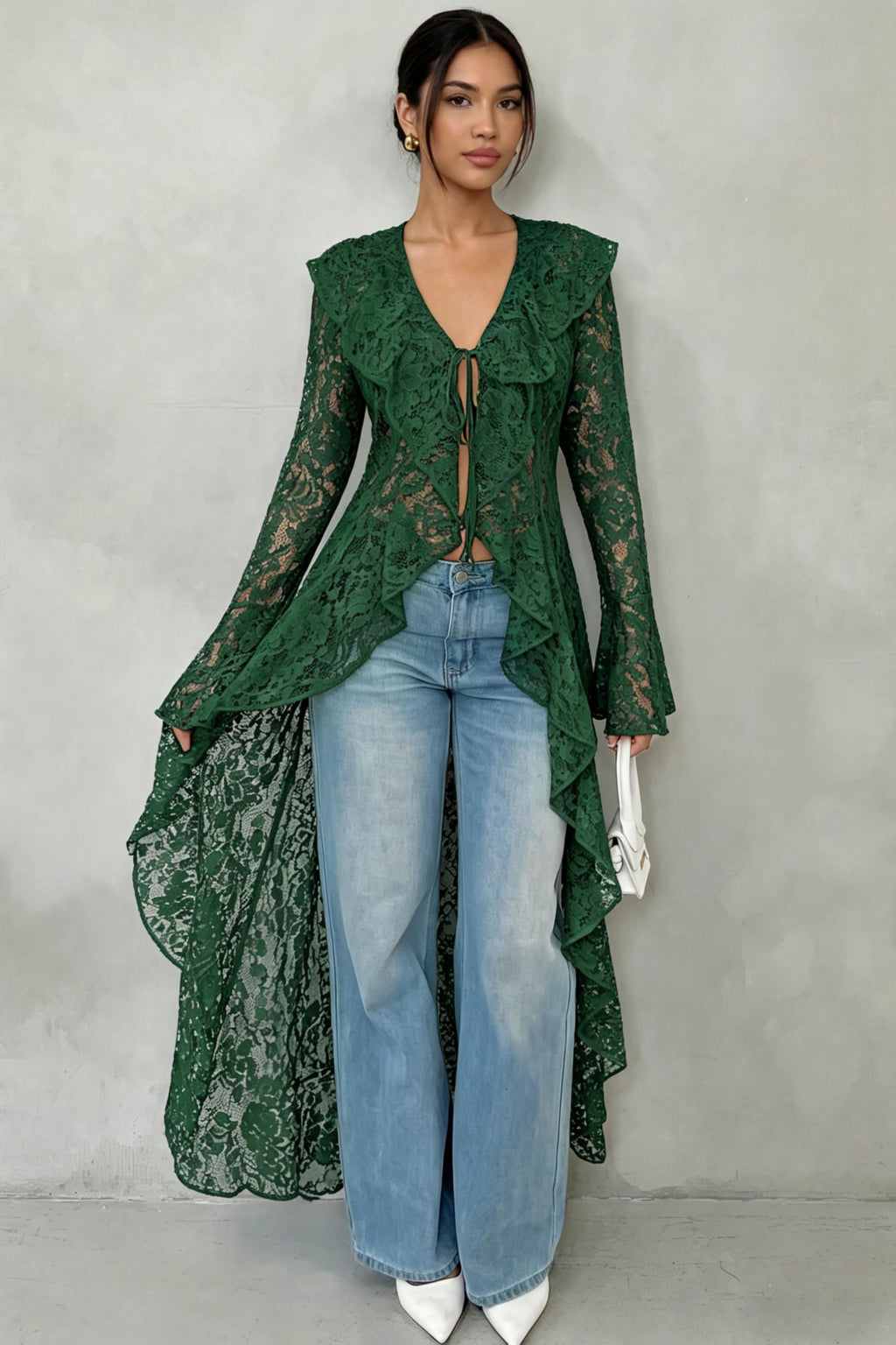 Lace Cardigan for Women Maxi Summer Lightweight Open Front Tie Bell Long Sleeve Ruffled Tops Duster Swimsuit Cover Up
