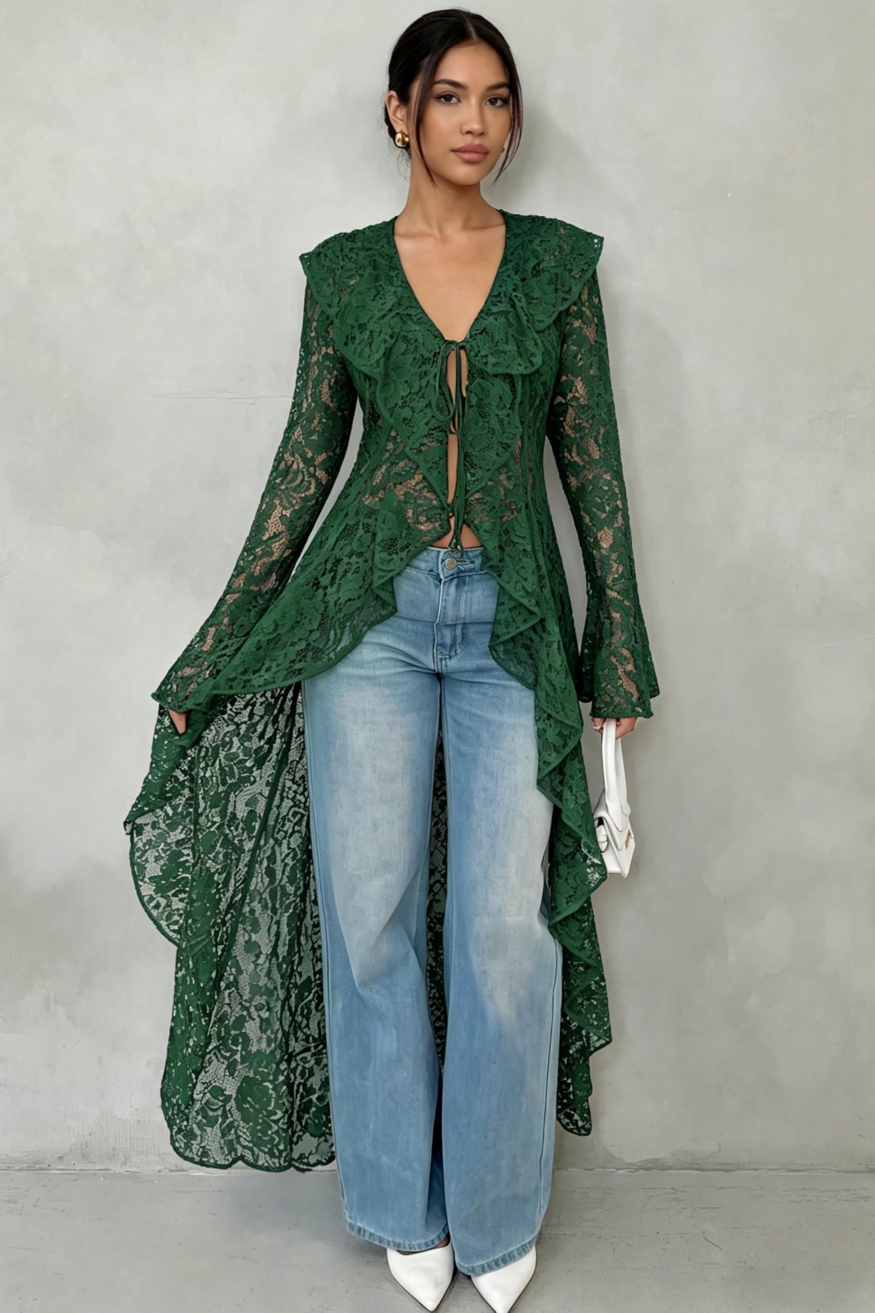 Lace Cardigan for Women Maxi Summer Lightweight Open Front Tie Bell Long Sleeve Ruffled Tops Duster Swimsuit Cover Up