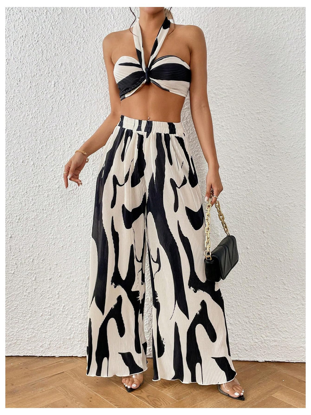 OYOANGLE Women's 2 Piece Graphic Halter Top Wide Leg Pants Vacation Outfits | Knitted, Sleeveless, Crop, High Waist, Beach Club, Summer Sets, Sexy Resort Wear