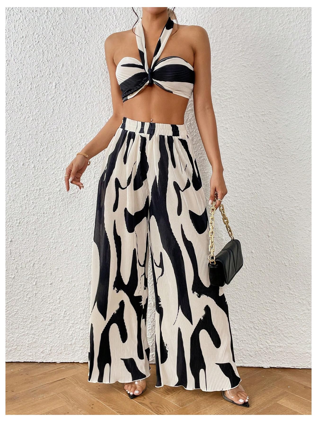 OYOANGLE Women's 2 Piece Graphic Halter Top Wide Leg Pants Vacation Outfits | Knitted, Sleeveless, Crop, High Waist, Beach Club, Summer Sets, Sexy Resort Wear