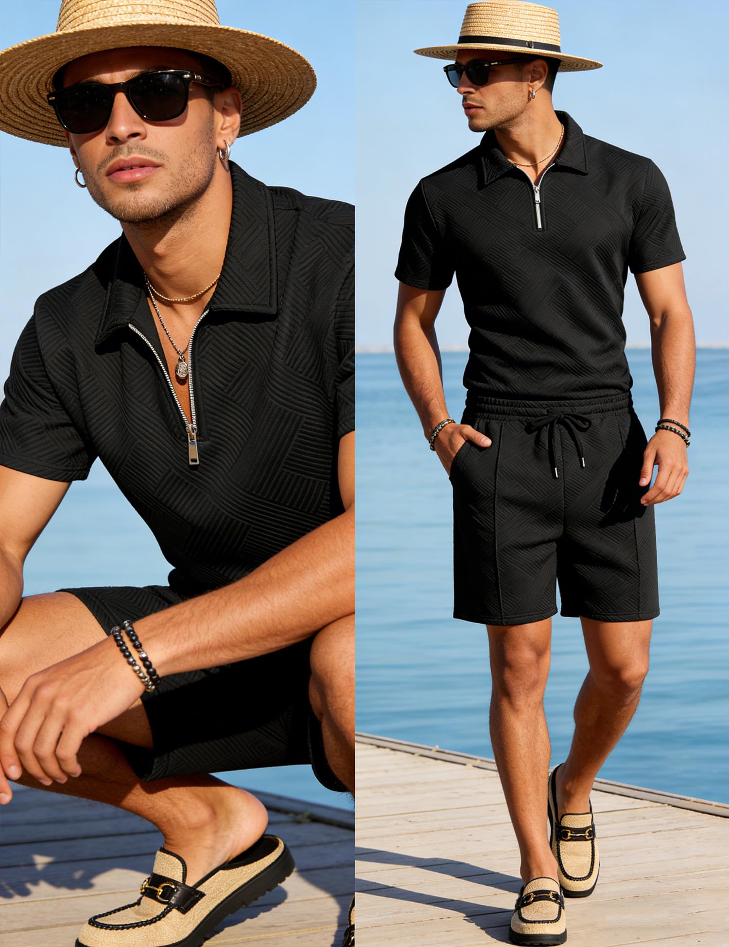 Mens Summer Track Suits 2 Piece Shorts Sets Short Sleeve Sweatsuit Outfits 1/4 Zip Golf Polo Shirts Loungewear