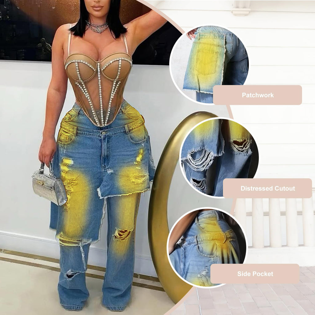 LKOUS Women's Ripped Baggy Jeans High Waist Wide Leg Patchwork Streetwear | Distressed, cutout, Y2K, hip hop, stretchy, soft, pocket, casual, concert, vintage. Machine wash