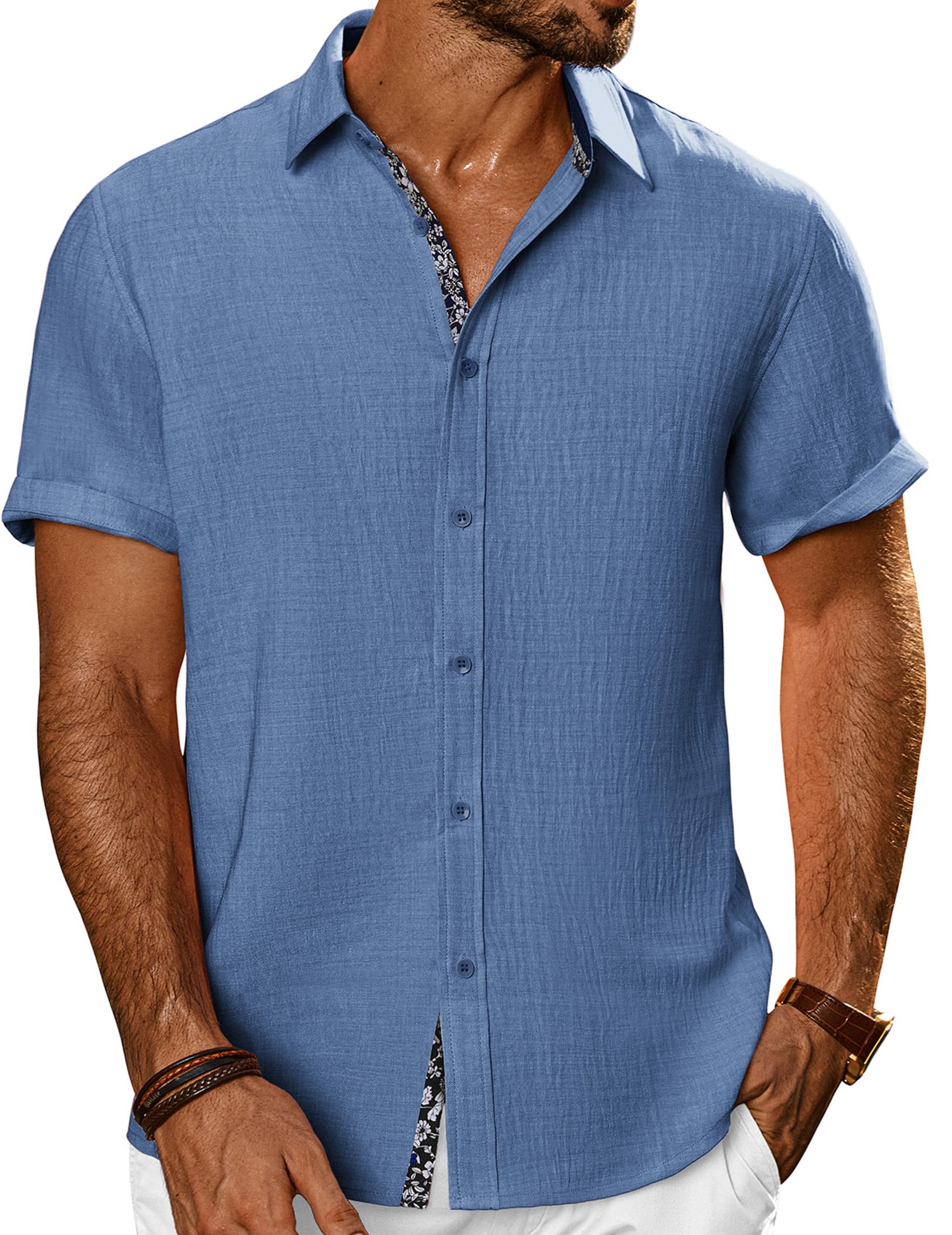 PJ PAUL JONES Mens Short Sleeve Button Down Shirts Casual Summer Clothing | Linen Textured, Summer Beach Vacation Tops, Untucked Dress Shirt, Lightweight, Regular Fit, Fashion Resort Wear