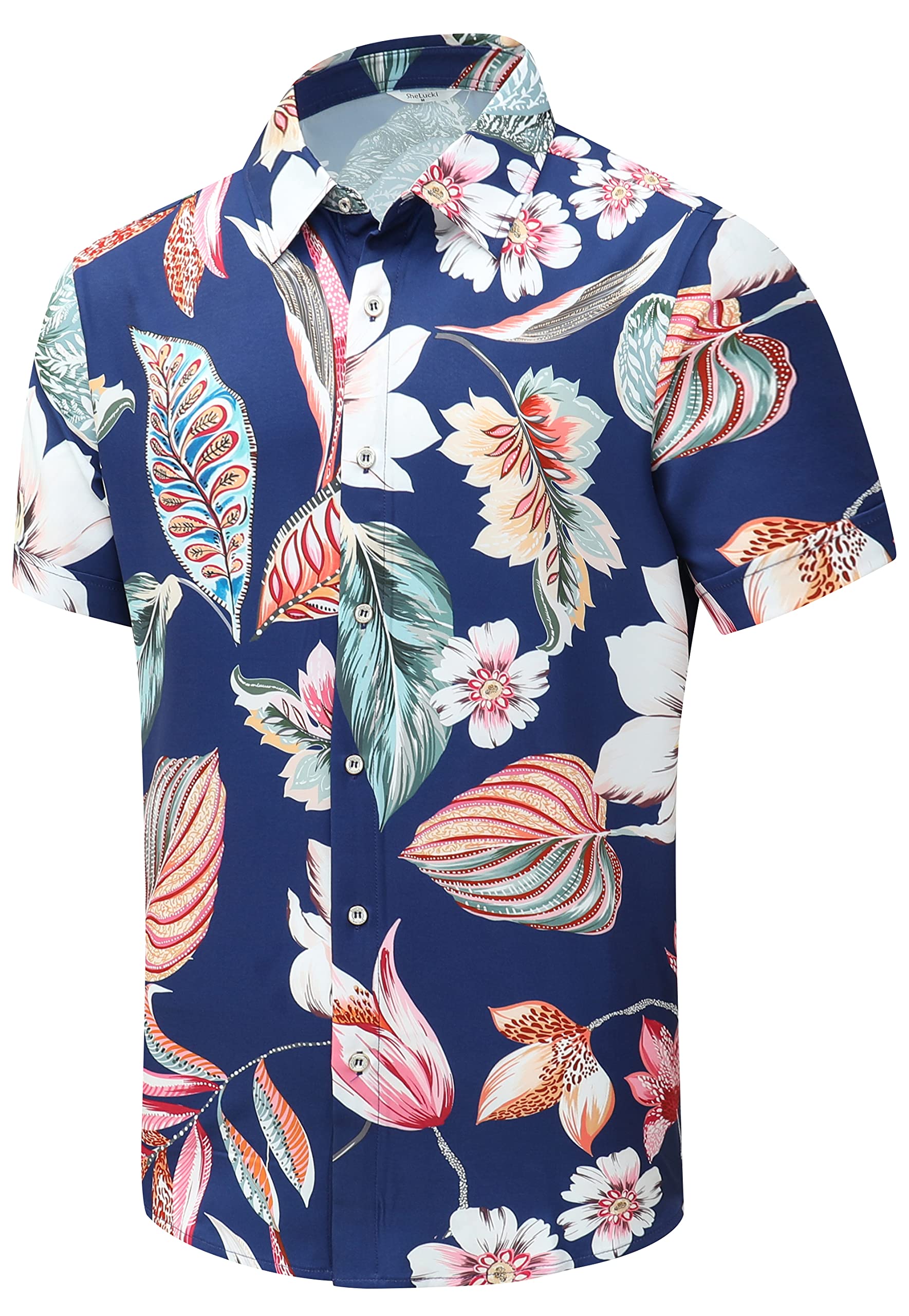 SheLucki Hawaiian Shirt for Men, Unisex Summer Beach Casual Short Sleeve Button Down Shirts, Printed Palmshadow Clothing
