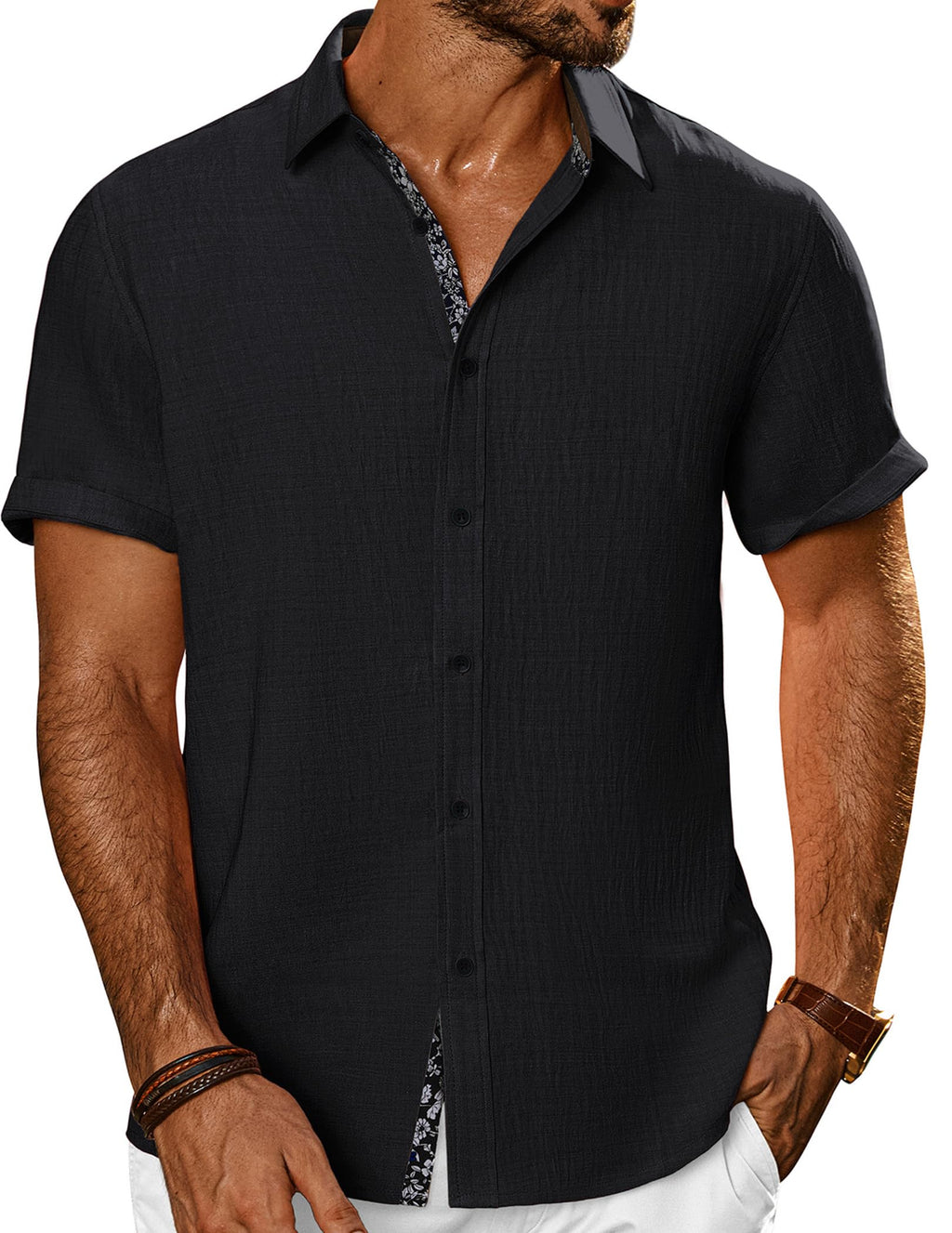 PJ PAUL JONES Mens Short Sleeve Button Down Shirts Casual Summer Clothing | Linen Textured, Summer Beach Vacation Tops, Untucked Dress Shirt, Lightweight, Regular Fit, Fashion Resort Wear