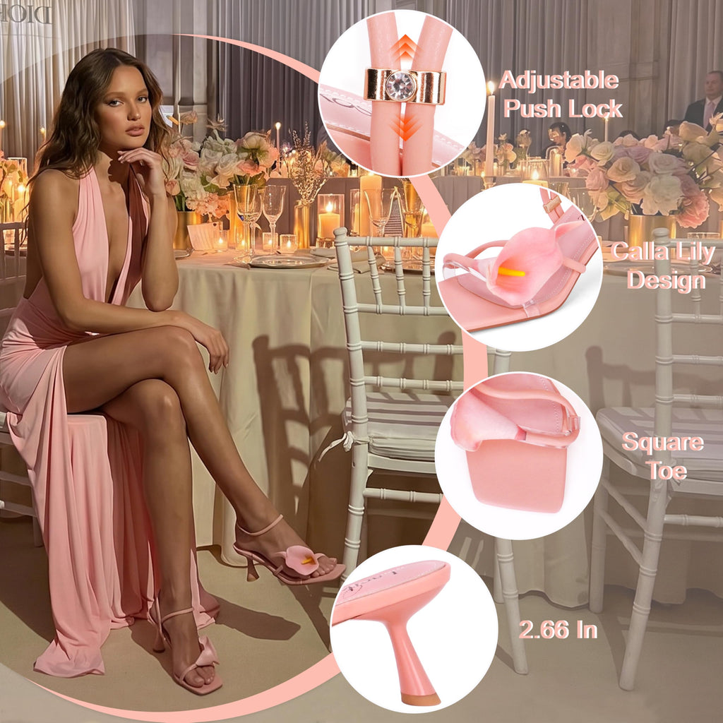 LACIKOSZ Flower Kitten Heel Sandals for Women Calla Lily Green Heels Square Open Toe Floral Strappy Low Heel Sandals Summer Dressy Wedding Shoes
