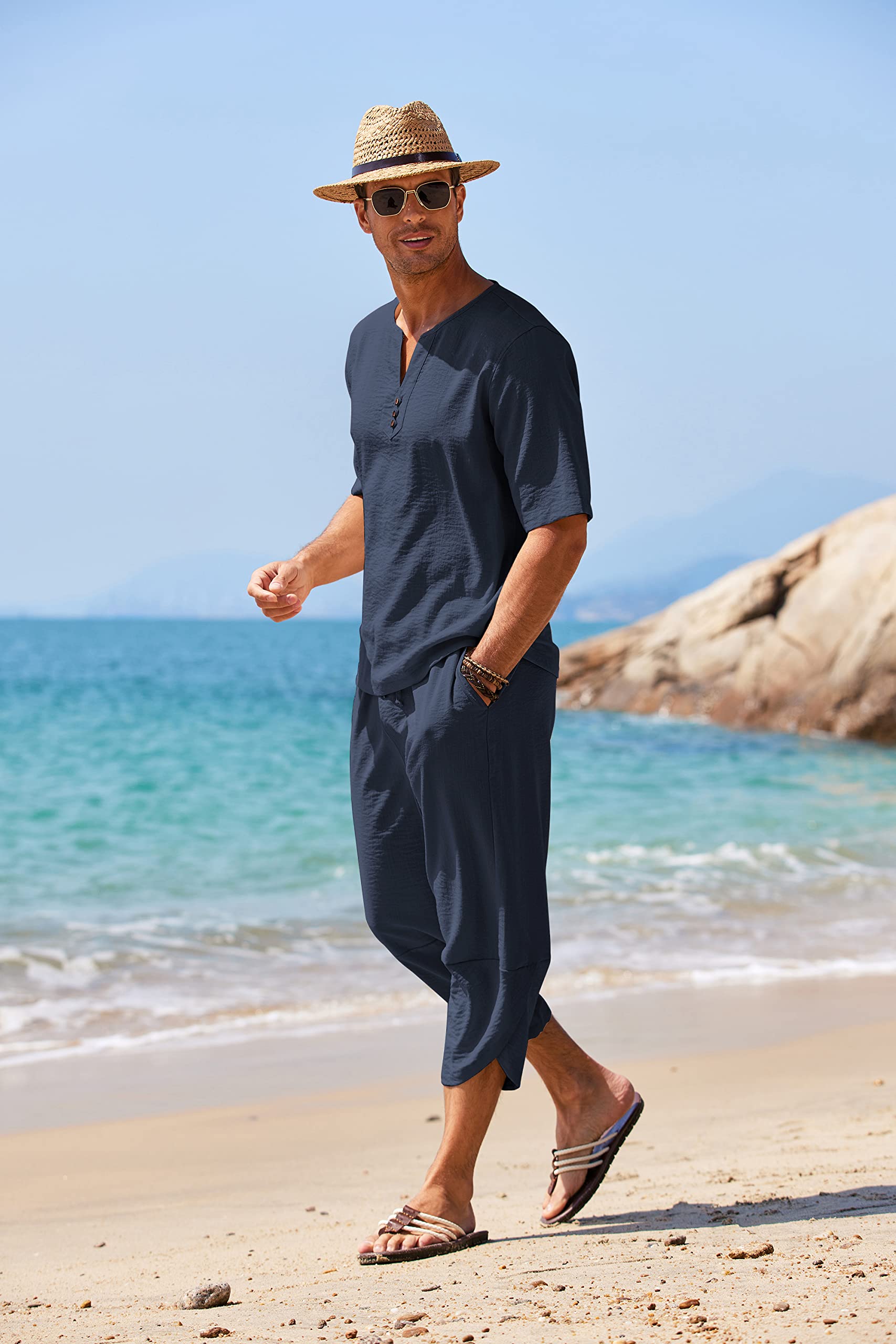 COOFANDY Men's 2 Pieces Linen Set Henley Shirt Short Sleeve and Harem Capri Pants Wide Leg Baggy Beach Yoga Trousers Outfits