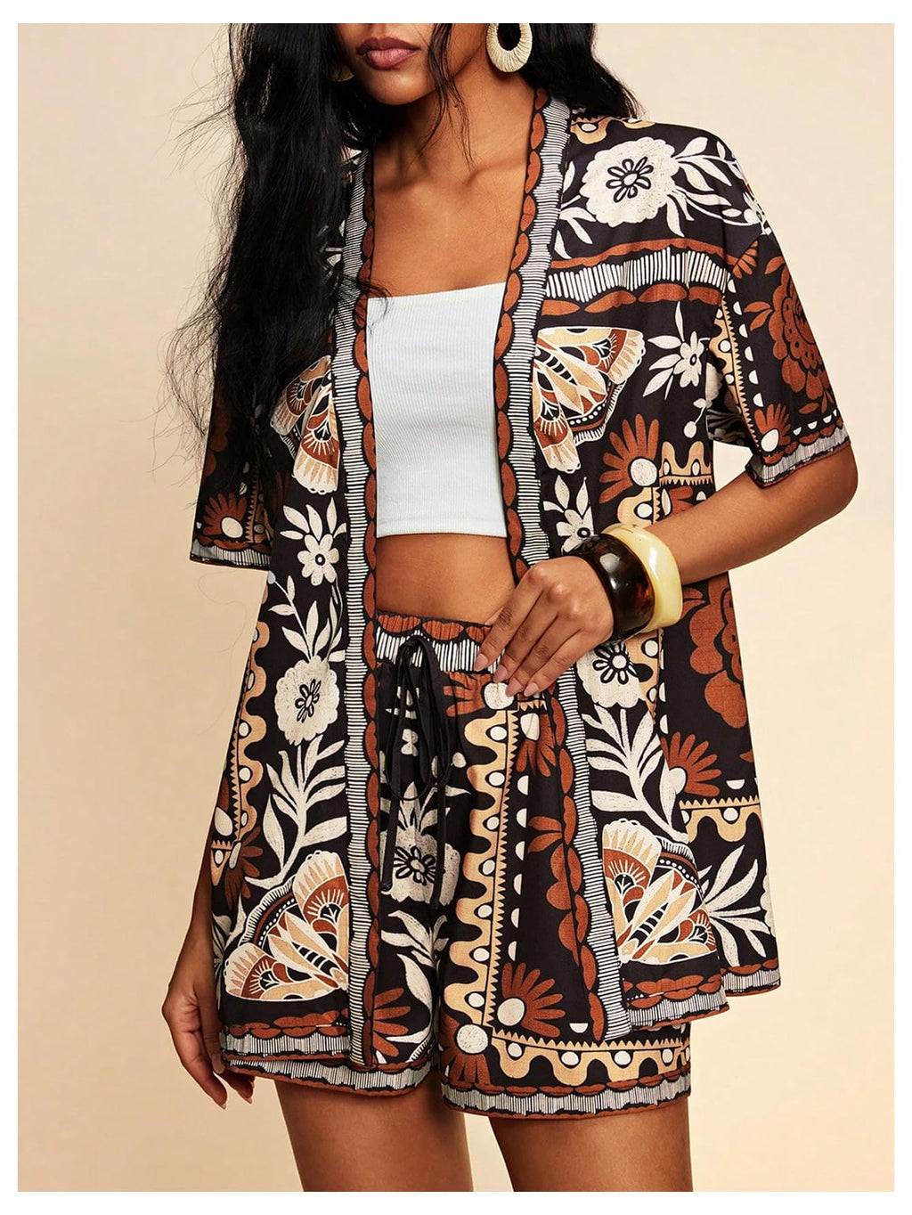 MakeMeChic Women's Two Piece Sets Summer Tropical Vacation Outfits Boho Floral Kimono Tops Shorts Set