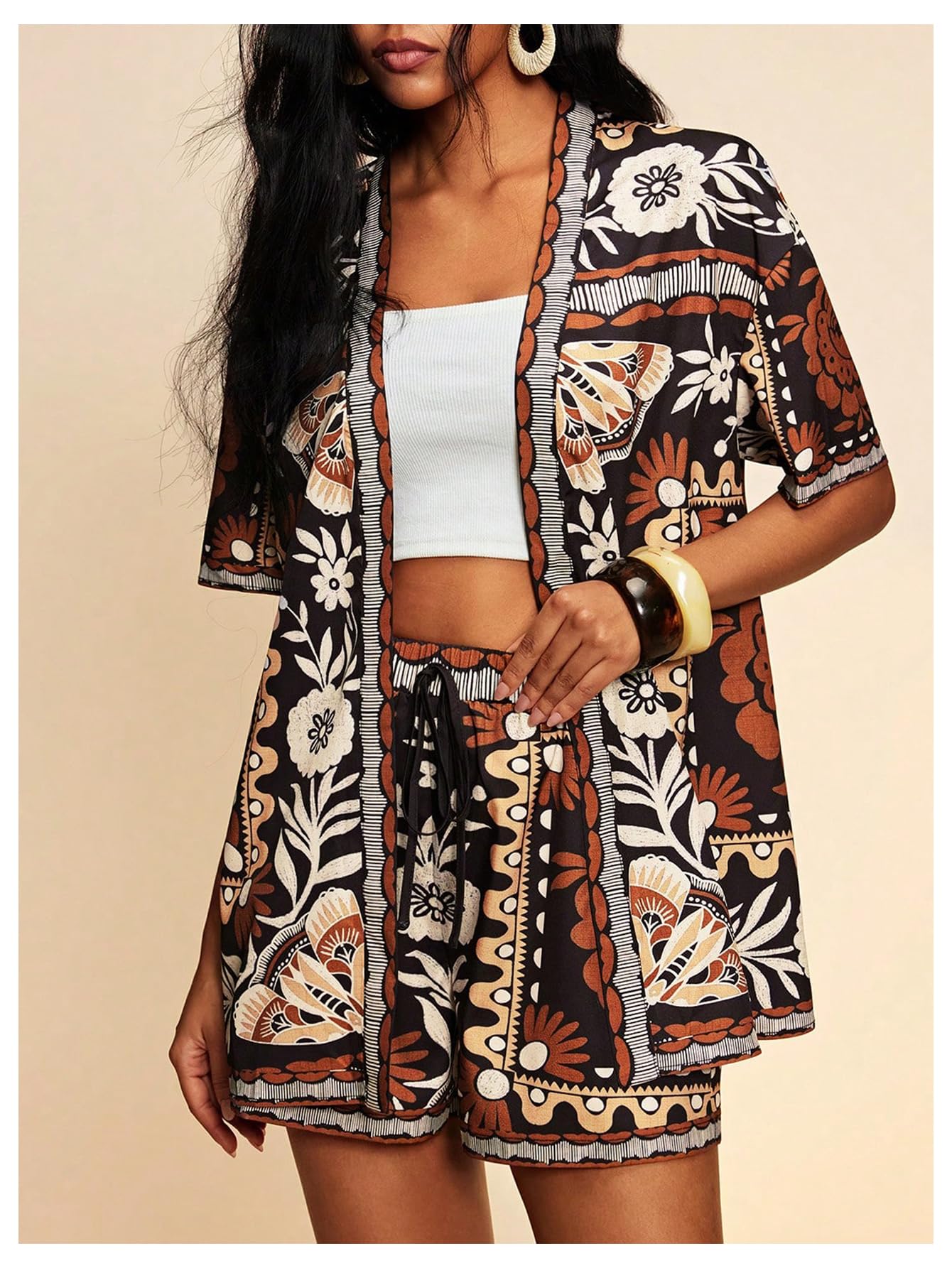 MakeMeChic Women's Two Piece Sets Summer Tropical Vacation Outfits Boho Floral Kimono Tops Shorts Set