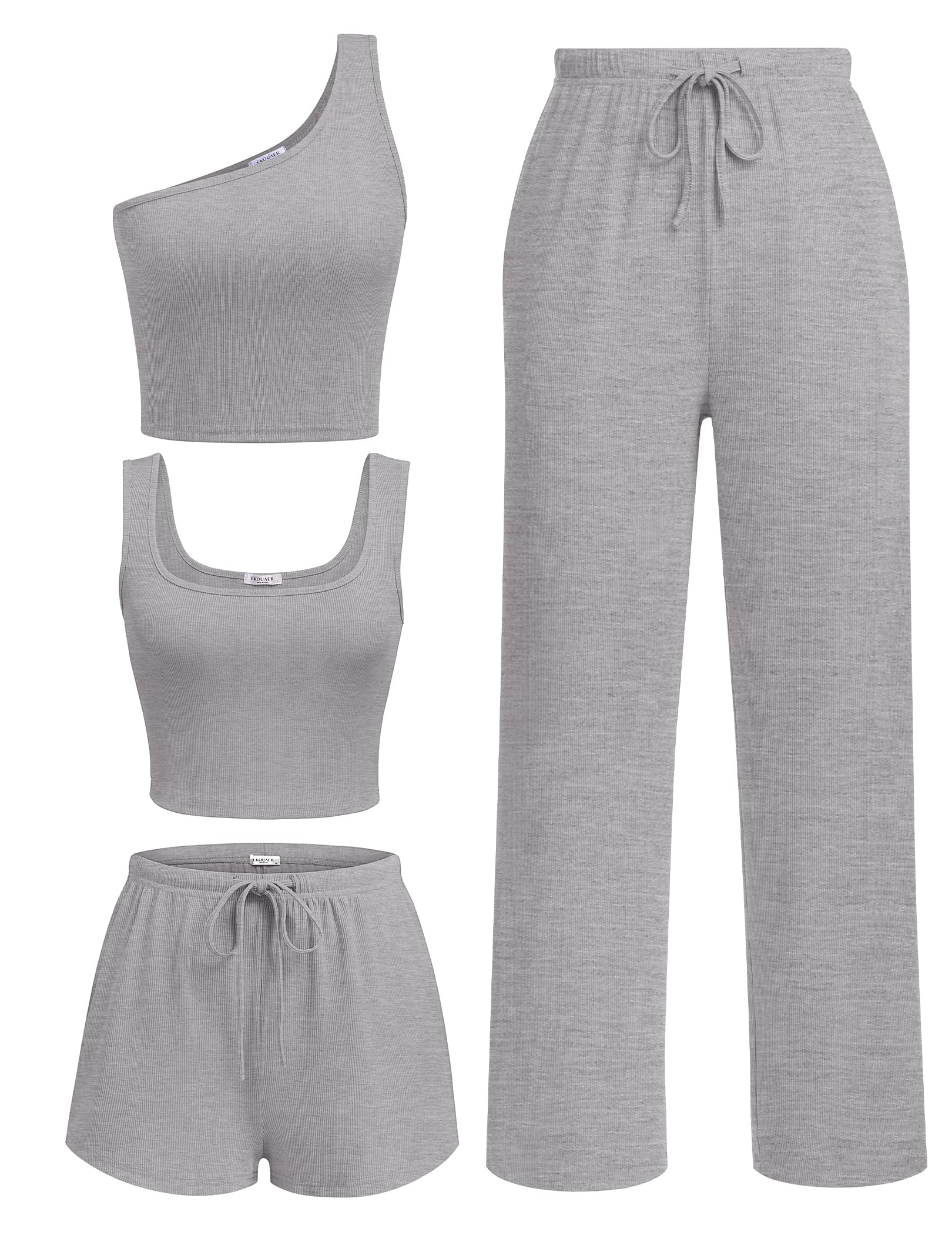 Ekouaer 4 Piece Sets for Women Casual Lounge Sets Summer Vacation Outfits | Knit Fabric,Soft and Comfortable, Tank Top and Long/Short Pant with Pockets, for Leisure,Summer Beach Vacation Day.