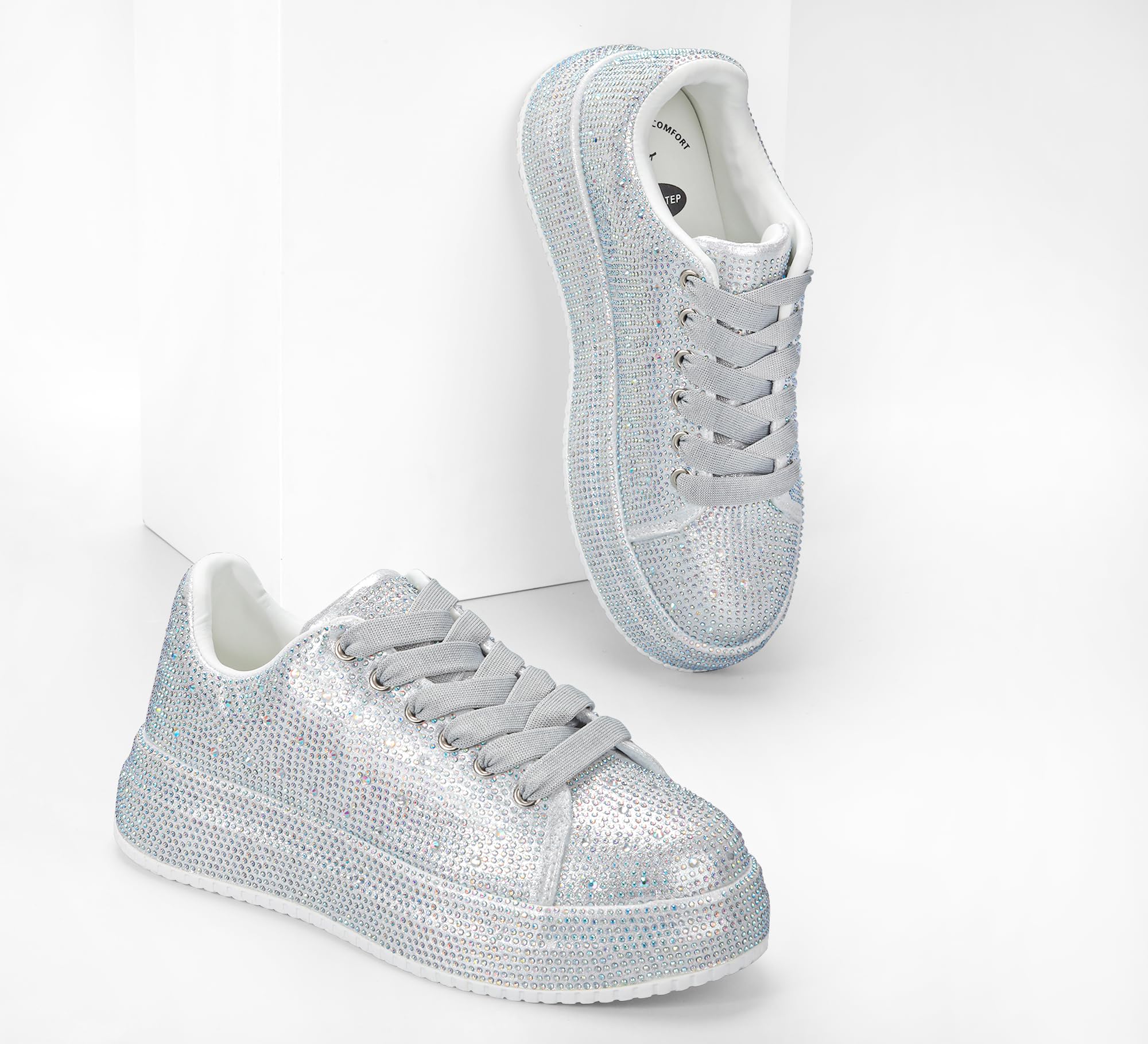 LUCKY STEP Rhinestone Platform Sneakers for Women | Sparkly Glitter Bling Tennis Shoes Fashion Wedding Party Walking Sneakers