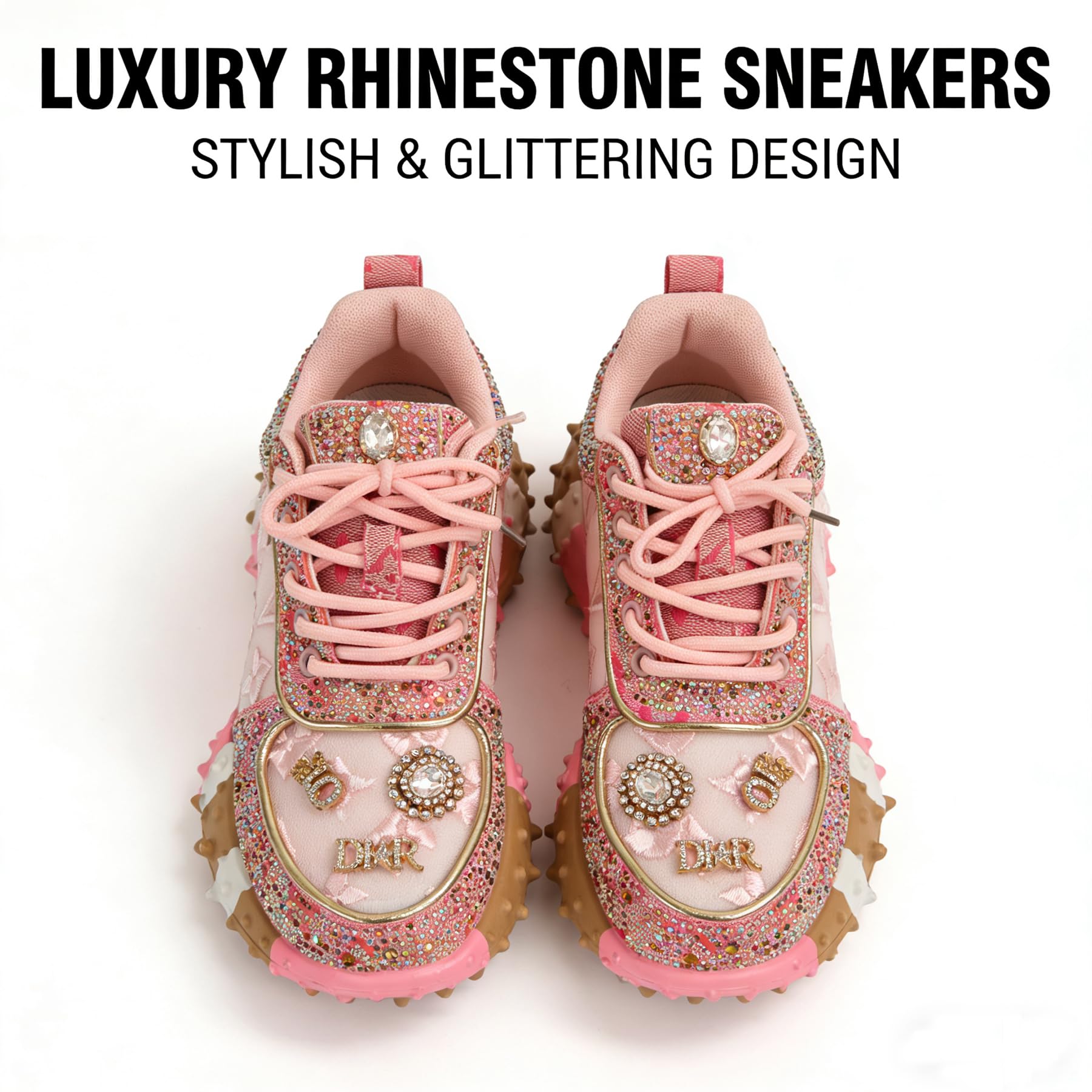 Rhinestone Sparkly Glitter Platform Dads Women Daily Casual Party Shoes | Fashion Bling Rhinestone Glitter Chunky Dad Sneakers Cushioned Soles Comfort Casual Shoes for Daily Wear Parties and Weddings