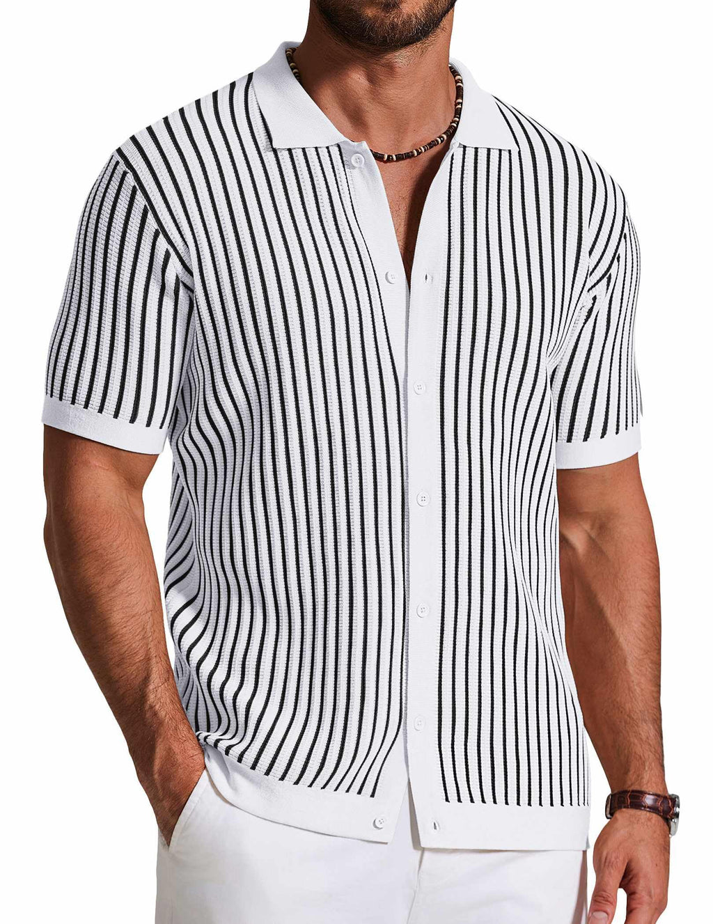 COOFANDY Mens Knit Button Down Shirts Short Sleeve Polo Shirt Vintage Striped Casual Shirts