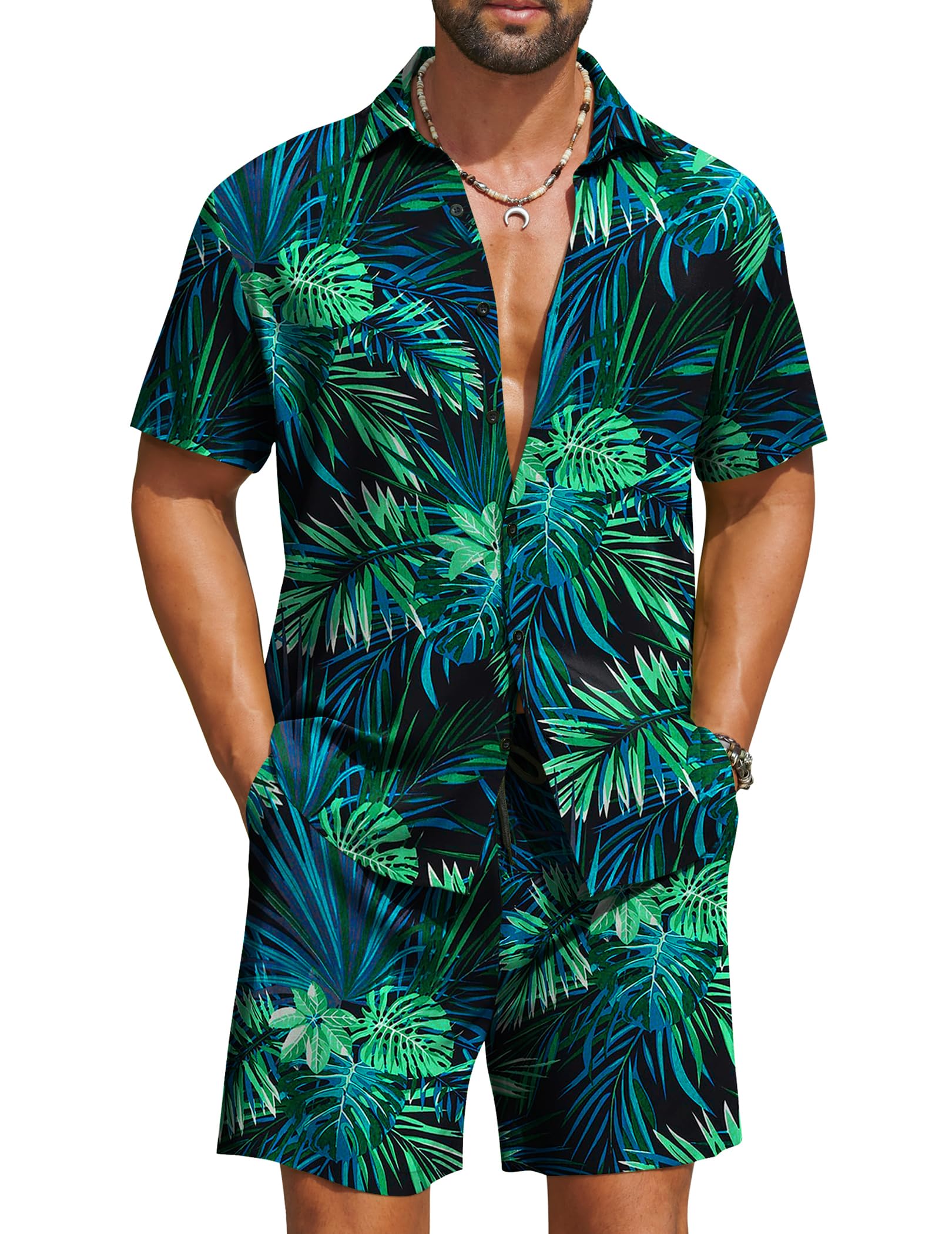 COOFANDY Men's Hawaiian Matching Set Summer Beach 2 Piece Outfits Flower Button Down Shirts and Shorts Vacation Outfits