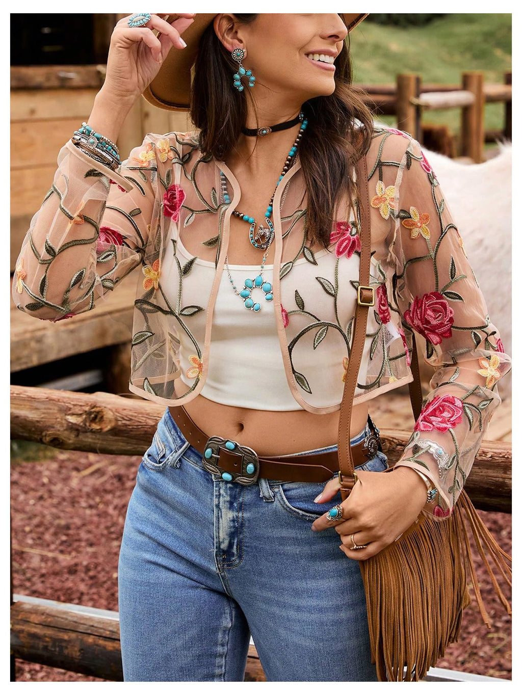 OYOANGLE Women's Floral Embroidered Sheer Bolero Open Front Crop Jackets | Long Sleeve Mesh Summer Cardigan Tops, Wedding Guest, Shrugs for Dresses, Boho Holiday Cover Up
