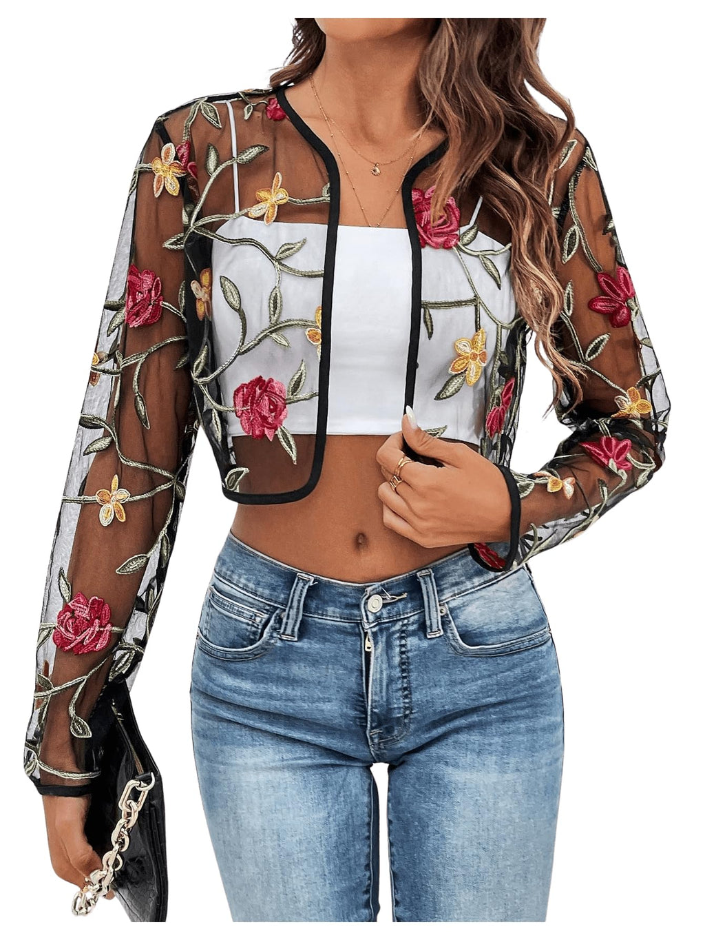 OYOANGLE Women's Floral Embroidered Sheer Bolero Open Front Crop Jackets | Long Sleeve Mesh Summer Cardigan Tops, Wedding Guest, Shrugs for Dresses, Boho Holiday Cover Up