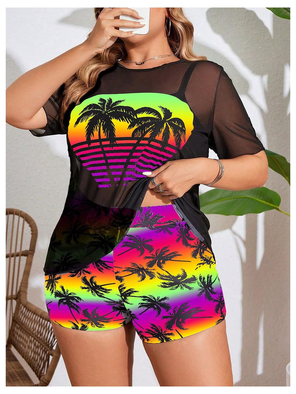 Women's 3 Piece Plus Size Swimsuit Tankini Shorts Set High Waisted Bathing Suit Graphic Beachwear with Mesh Cover Up
