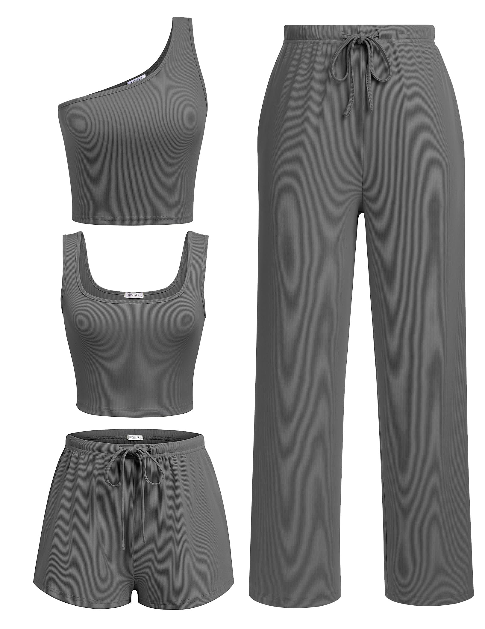 Ekouaer 4 Piece Sets for Women Casual Lounge Sets Summer Vacation Outfits | Knit Fabric,Soft and Comfortable, Tank Top and Long/Short Pant with Pockets, for Leisure,Summer Beach Vacation Day.