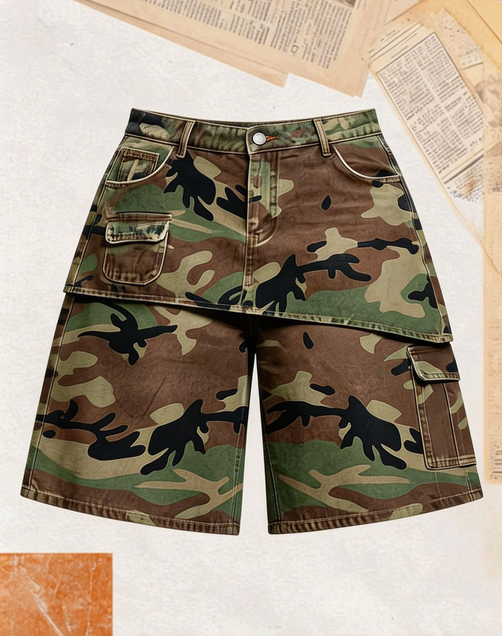 Women's Plus Size Cargo Jean Shorts Asymmetrical Patchwork Jorts | Baggy,High Waisted,Wide Leg,Overlay Skirt,Knee Length,Stretchy,Bermuda Shorts,with Pockets,Y2K Streetwear