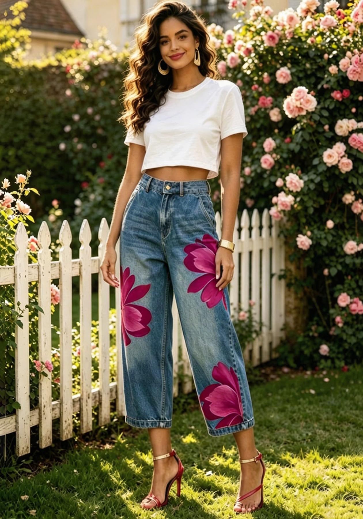 Unybwonn Women Barrel Capri Jeans Floral Wide Leg Cropped Cargo Denim Pants | High Waist,Flower Print,Distressed