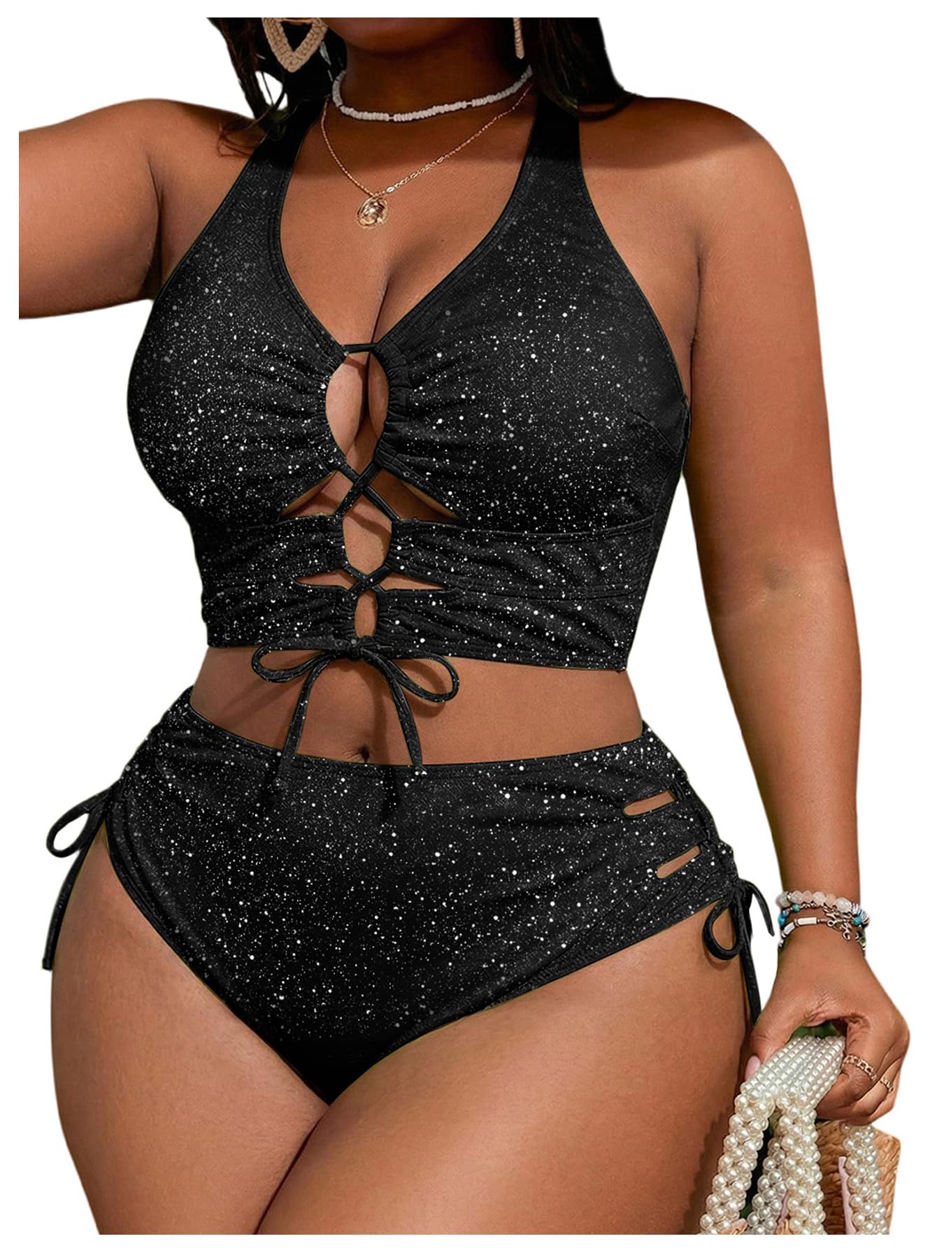 SOLY HUX Womens Plus Size Two Piece Bathing Suit Bikini Swimsuit | Tummy Control, High Waisted Bikini Sets, Adjustable Tie String, Sexy