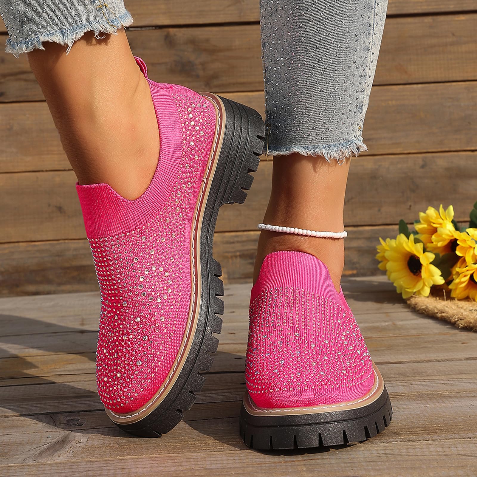 Women's Knit Rhinestone Platform Sock Sneakers Breathable Mesh Round Toe Slip On Lug Sole Loafers Lightweight Walking Sport Casual Shoes