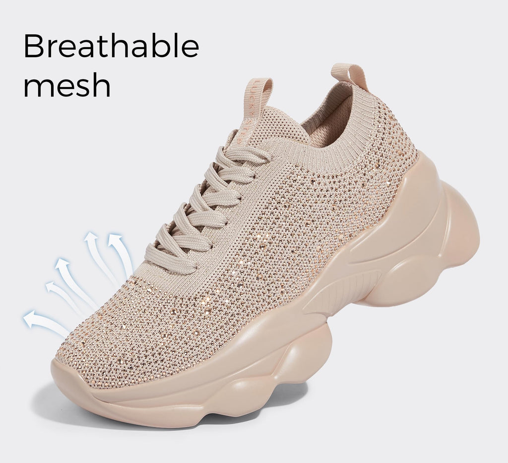 LUCKY STEP Women's Chunky Rhinestone Sneaker Sparkly Bling Bedazzled Mesh Slip on Elastic Sock Glitter Shiny Rave Walking Shoes