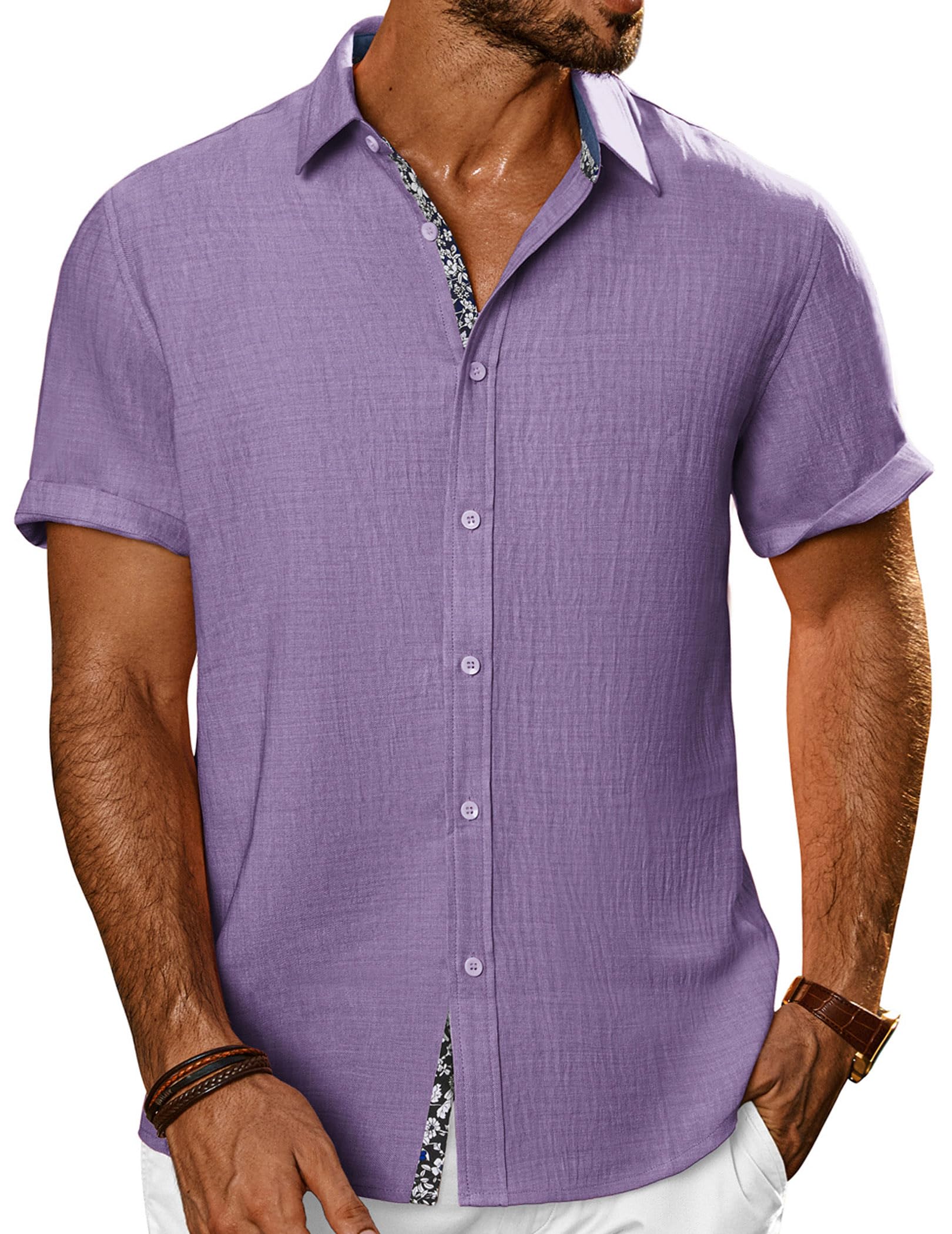 PJ PAUL JONES Mens Short Sleeve Button Down Shirts Casual Summer Clothing | Linen Textured, Summer Beach Vacation Tops, Untucked Dress Shirt, Lightweight, Regular Fit, Fashion Resort Wear
