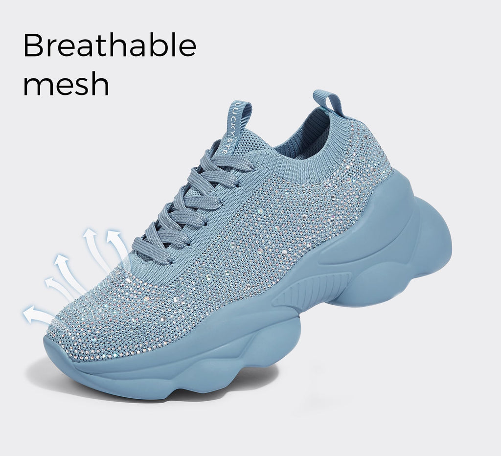 LUCKY STEP Women's Chunky Rhinestone Sneaker Sparkly Bling Bedazzled Mesh Slip on Elastic Sock Glitter Shiny Rave Walking Shoes