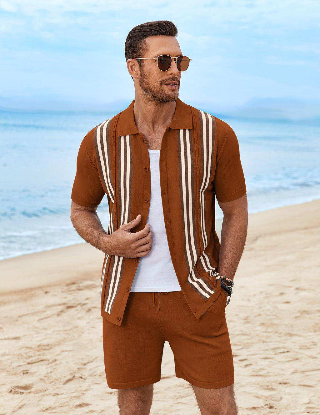 COOFANDY Men's 2 Piece Outfits Summer Short Sets Vintage Knit Button Down Shirt Short Sleeve Polo Casual Beach Suits